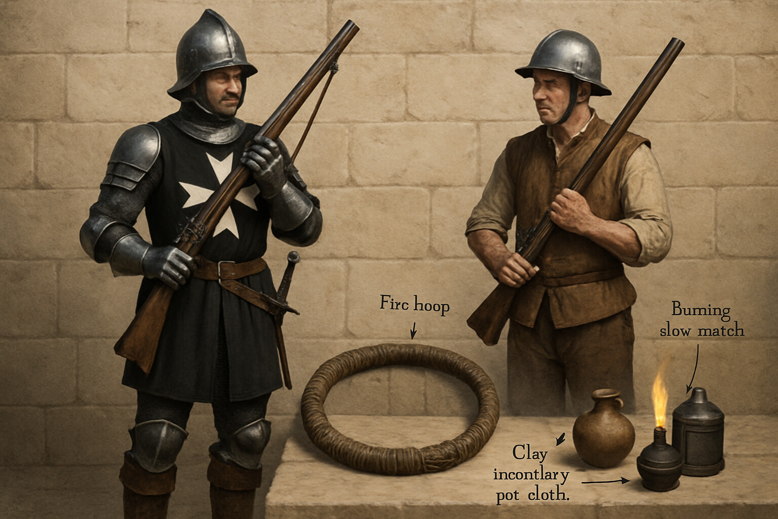 Equipment breakdown: detailed view of a Knight Hospitaller in full 1565 siege-defense equipment—armor, arquebus, sword, and fire hoop preparation.