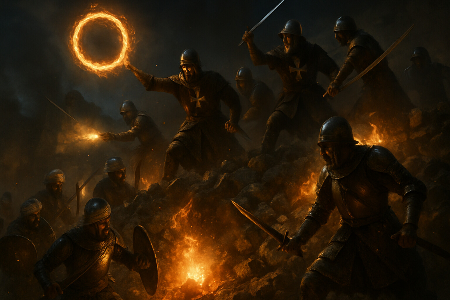 Action scene: the night defense of Fort Saint Elmo—defenders hurling fire hoops down a rubble slope onto Ottoman assault parties in darkness, arquebus fire, desperate close combat at the breach.