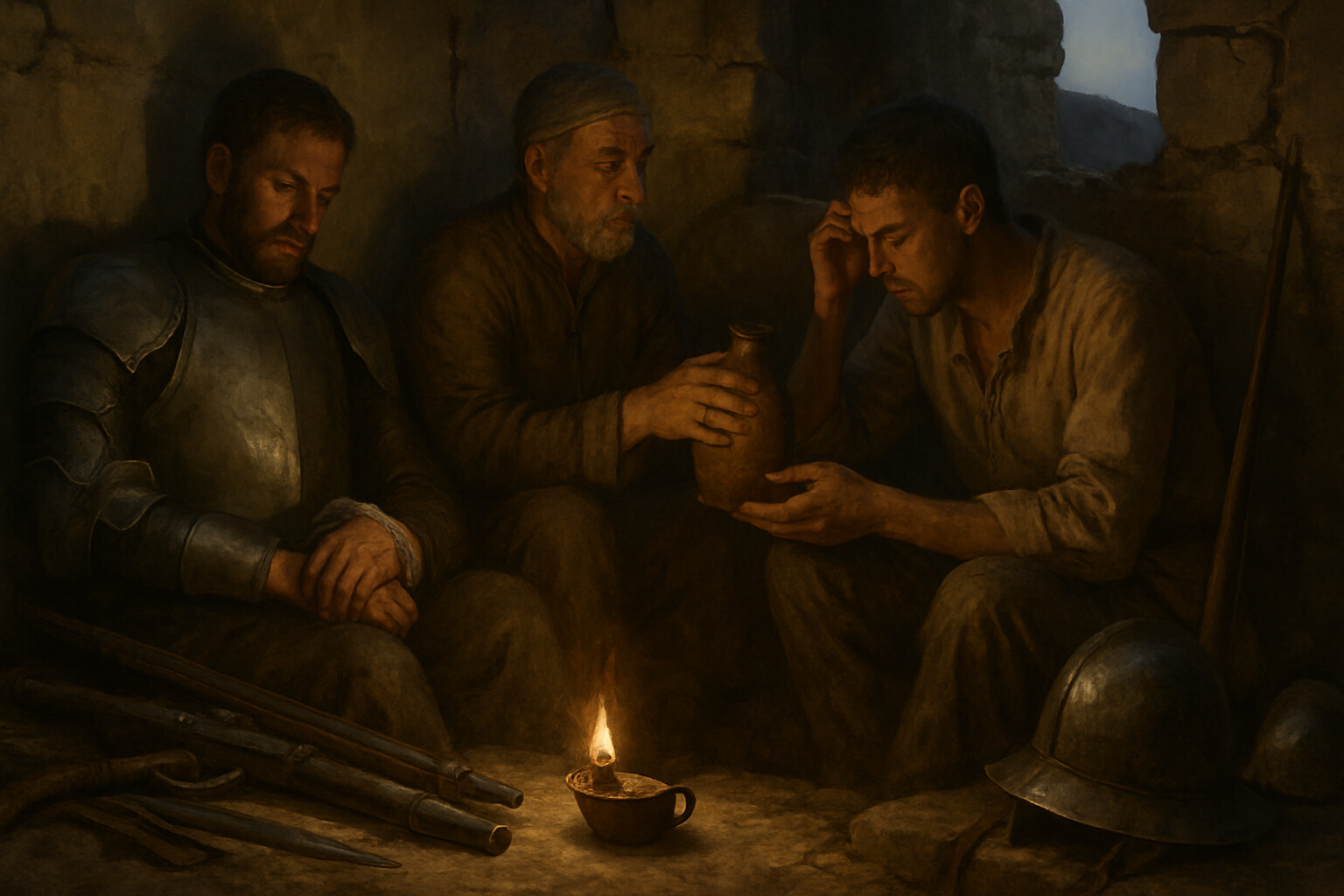 Intimate human scene: a small group of exhausted defenders inside a damaged Birgu building during a lull—sharing water, tending wounded, the weight of weeks of siege visible on their faces.