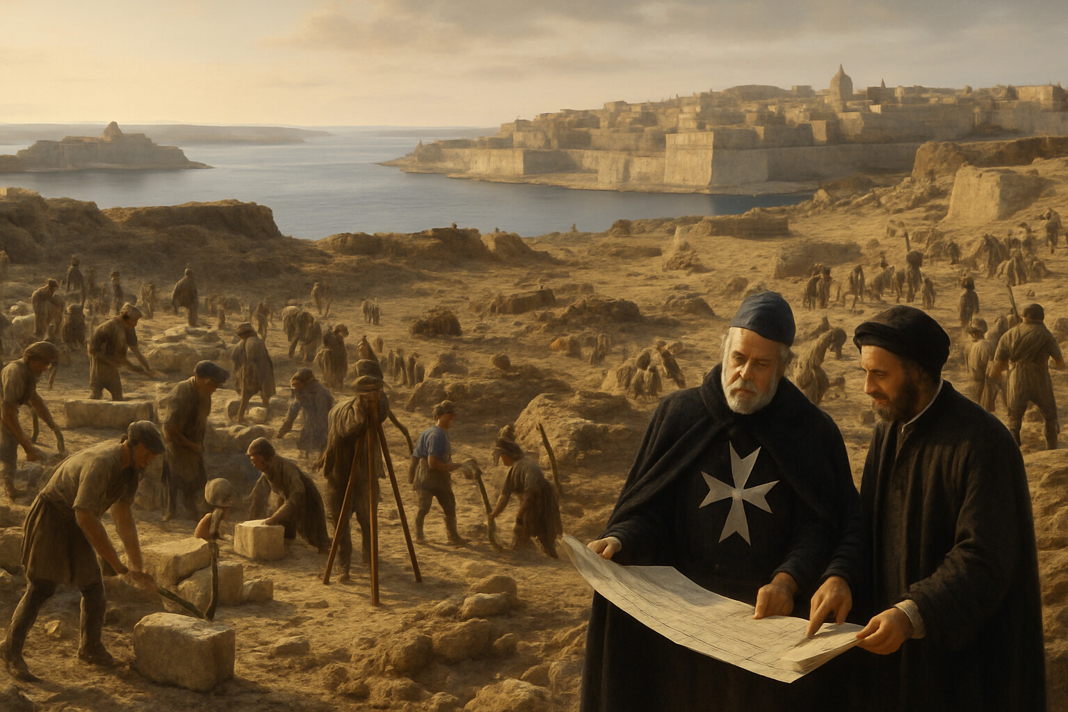 Legacy/aftermath scene: the aftermath of the siege and the beginning of Valletta's construction—workers breaking ground on Sciberras Peninsula in 1566, with the ruins of Ottoman battery positions still visible and the harbor below.