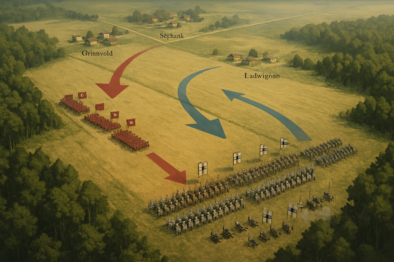 A wide overhead map-style visualization of the Grunwald battlefield: the three villages at the triangle's points, forests on flanks, the two armies deployed facing each other across the rye field. Polish banners on one side, Lithuanian cavalry visible on the right wing, Teutonic formation with artillery in the foreground. Scale conveys the size of the engagement.