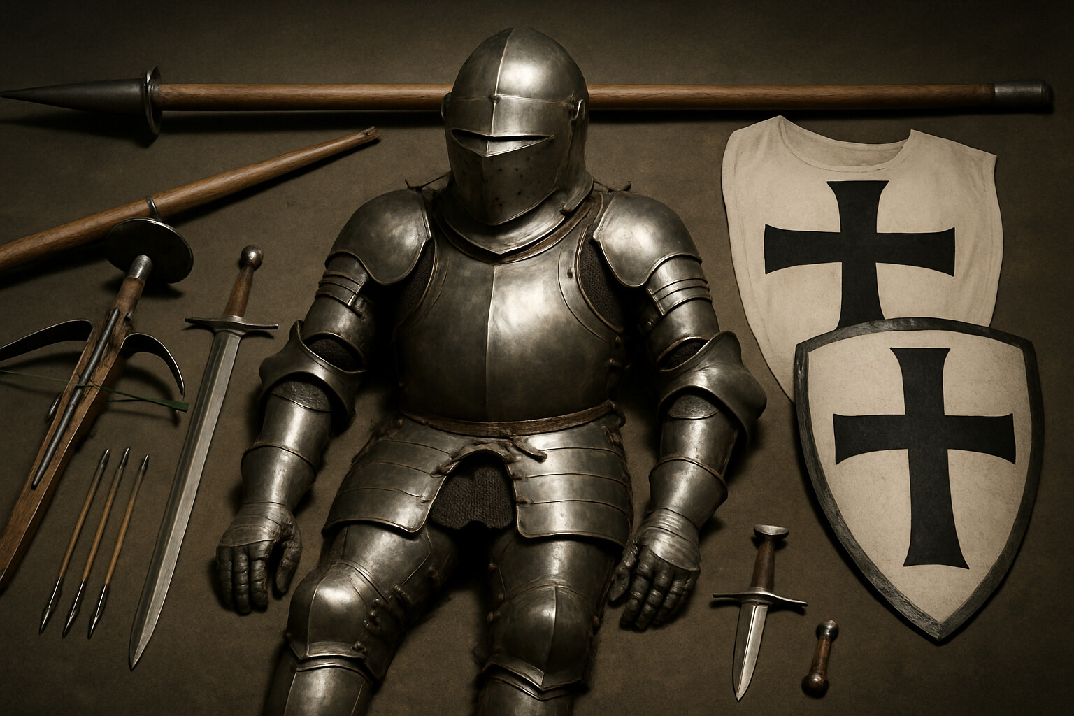 Equipment breakdown panel: A detailed, museum-quality examination of a Teutonic Knight's full kit laid out as if for inspection — plate armor components, lance, sword, rondel dagger, crossbow, quarrels. Each element is positioned as if in a museum display or historical diagram, with the focus on tactile, material authenticity.