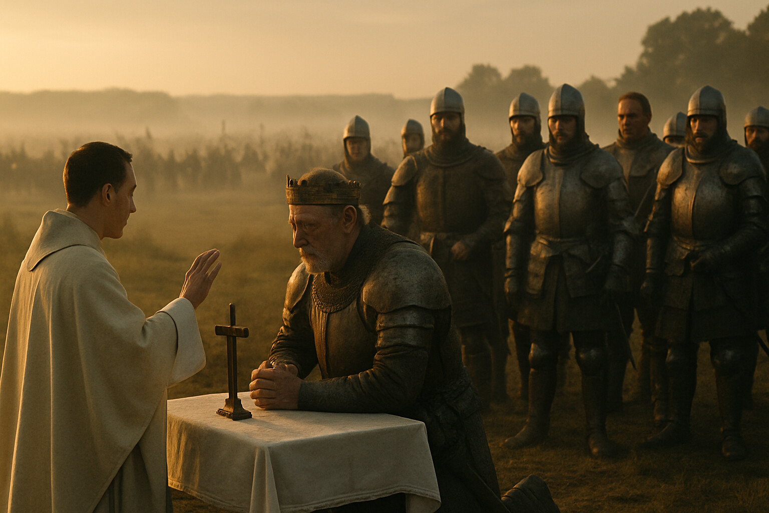 Intimate human scene: King Jagiełło kneeling at a field altar at dawn before the battle, attended by a priest, with his commanders and knights visible behind him. His age, bearing, and the weight of the moment visible in his posture and the tension in the men around him.