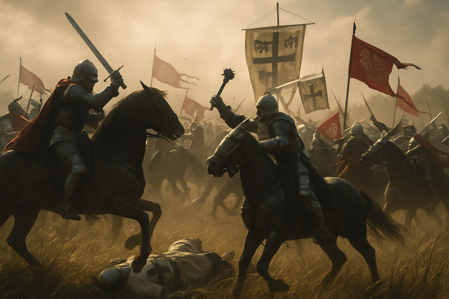 The height of the melee at Grunwald: the moment the Polish center holds and the Teutonic formation begins to break. Knights on horseback in close-quarters fighting with swords and maces, banners falling and being raised, the controlled violence of the decisive phase. Grand Master Jungingen's banner visible but surrounded.
