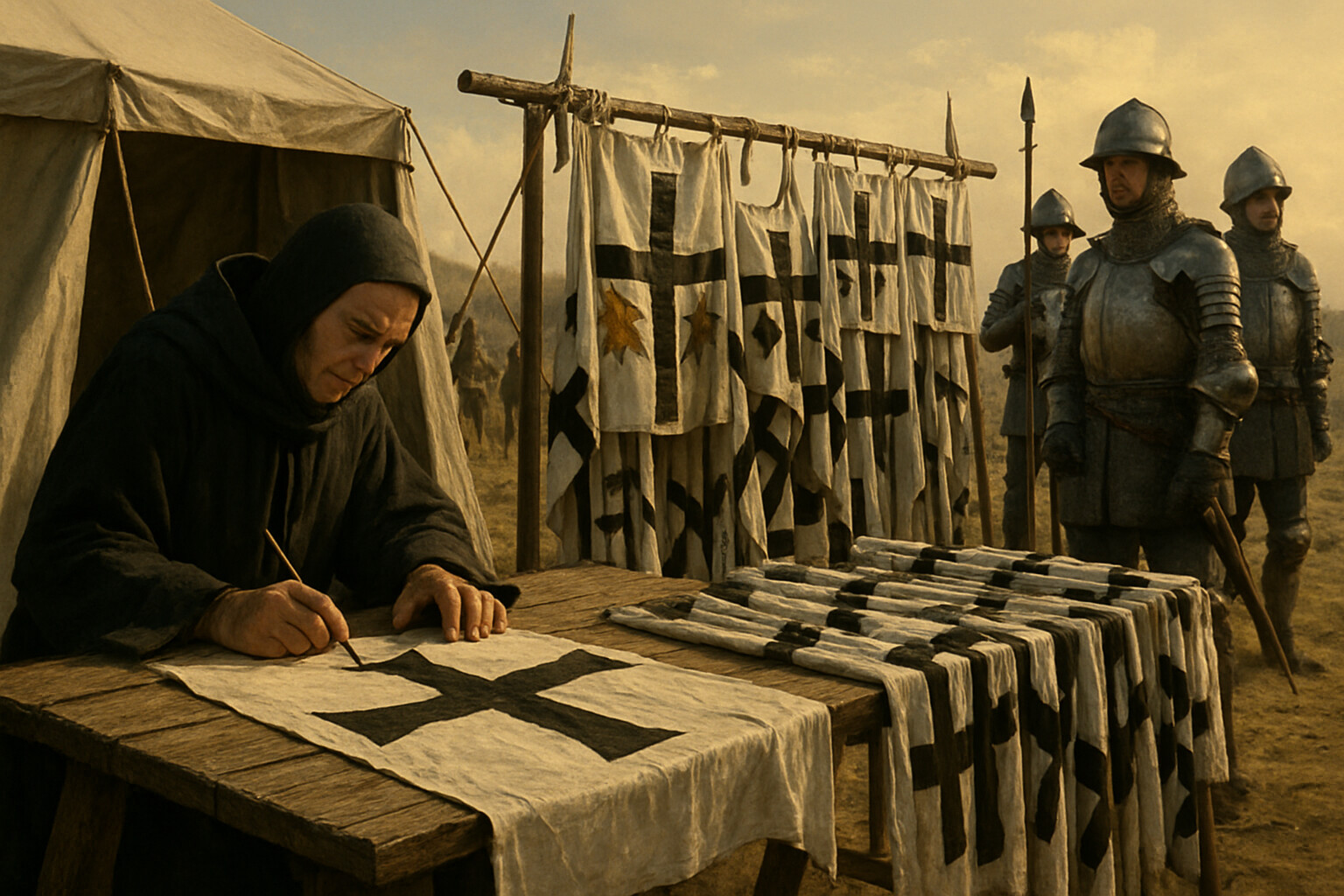 Aftermath and record scene: The captured Teutonic banners being counted and recorded by Polish scribes in the aftermath of the battle, with the Banderia Prutenorum in mind — a clerk carefully sketching a fallen black-cross banner while soldiers stand guard over a row of captured standards. The quiet after violence.