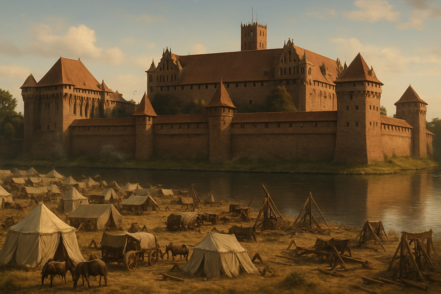 Legacy scene: The massive walls of Marienburg castle seen from outside its moat, intact and unconquered, with a distant view of the Polish-Lithuanian army's siege camp below. The paradox of the greatest medieval victory of the era ending at these unbroken walls — the thing that escaped Jagiełło's grasp.