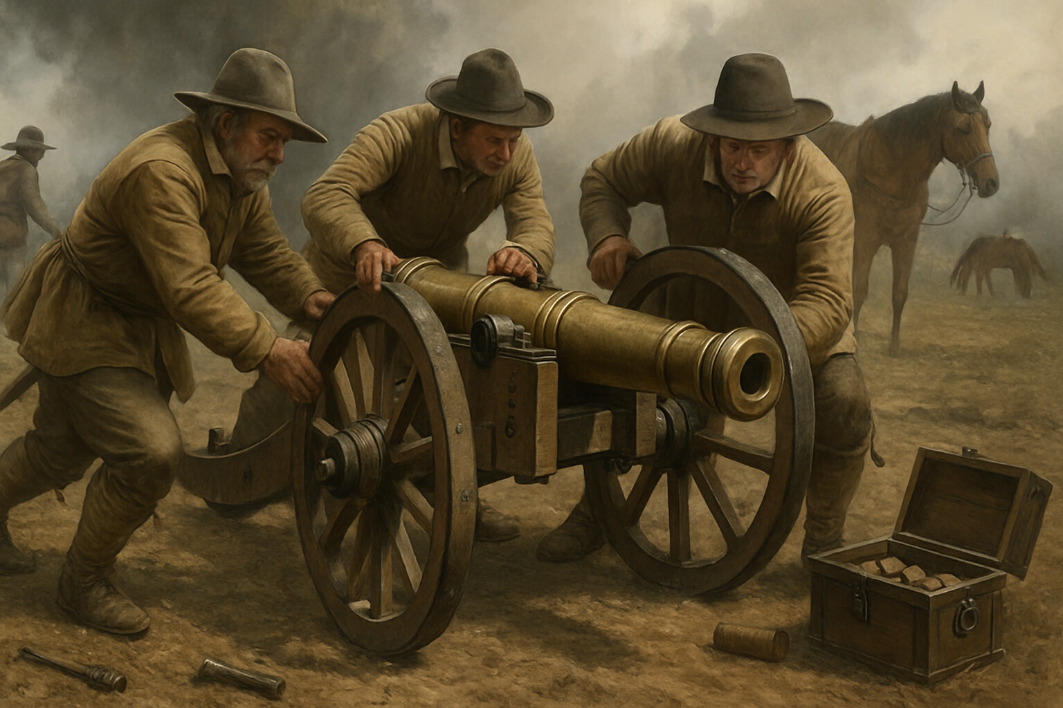 Equipment breakdown: Swedish regimental light artillery piece being repositioned by its crew during the battle — the tactical mobility that defined the Swedish system