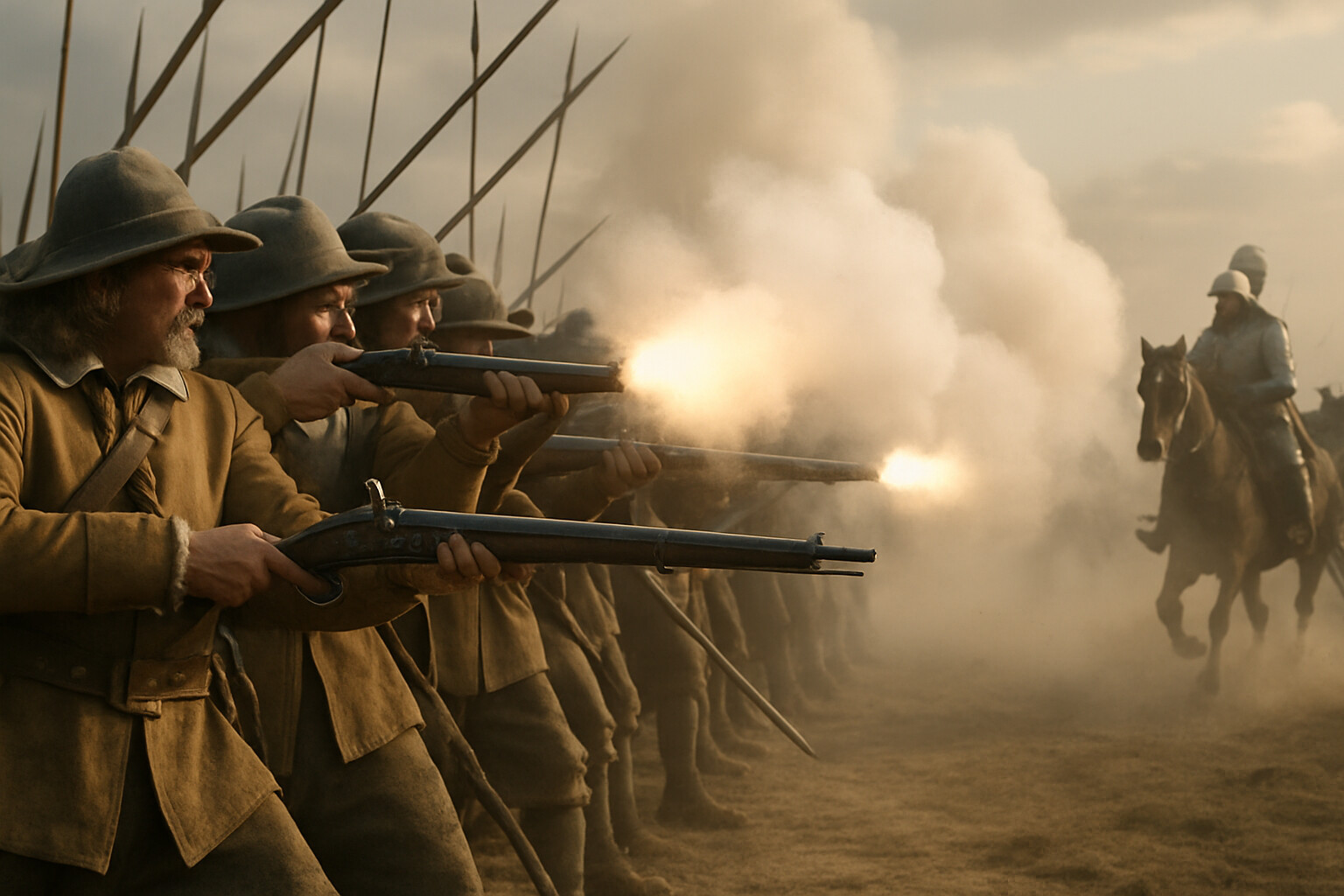Intimate human scene: Swedish musketeers in formation delivering a coordinated volley as Pappenheim's cavalry charges toward them — the disciplined firepower moment