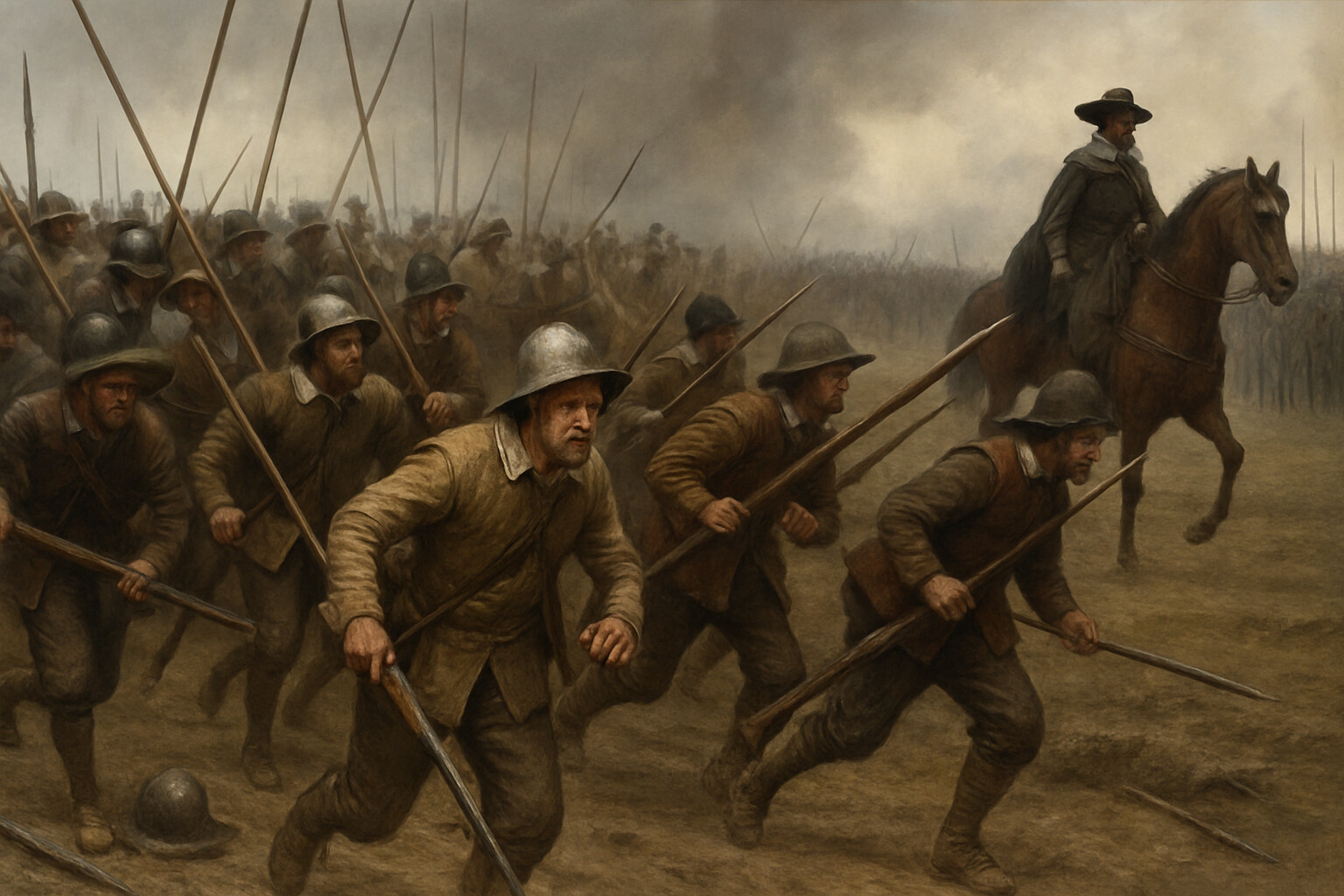 The Saxon collapse: Saxon troops streaming off the battlefield in disorder, leaving a gap in the Protestant line — the moment of maximum crisis before the Swedish recovery