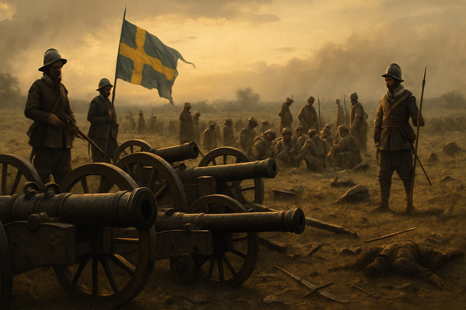 Aftermath: The battlefield at Breitenfeld after the fighting, with captured Imperial guns, prisoners, and the human cost of the victory