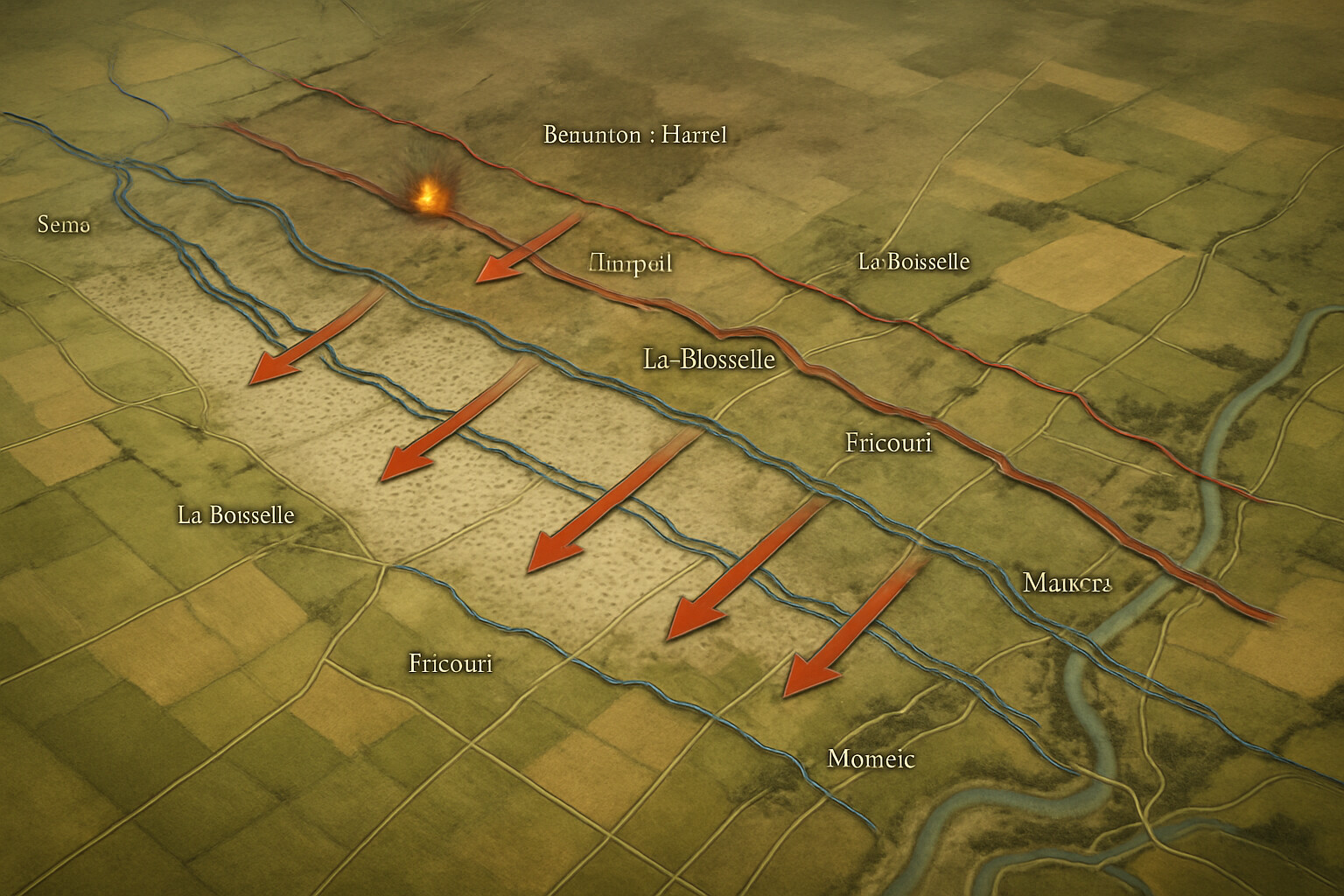 Map/route panel: An illustrated tactical map of the Somme front showing the assault sectors, German defensive lines, mine locations, and the contrast between northern failure and southern success on 1 July 1916.