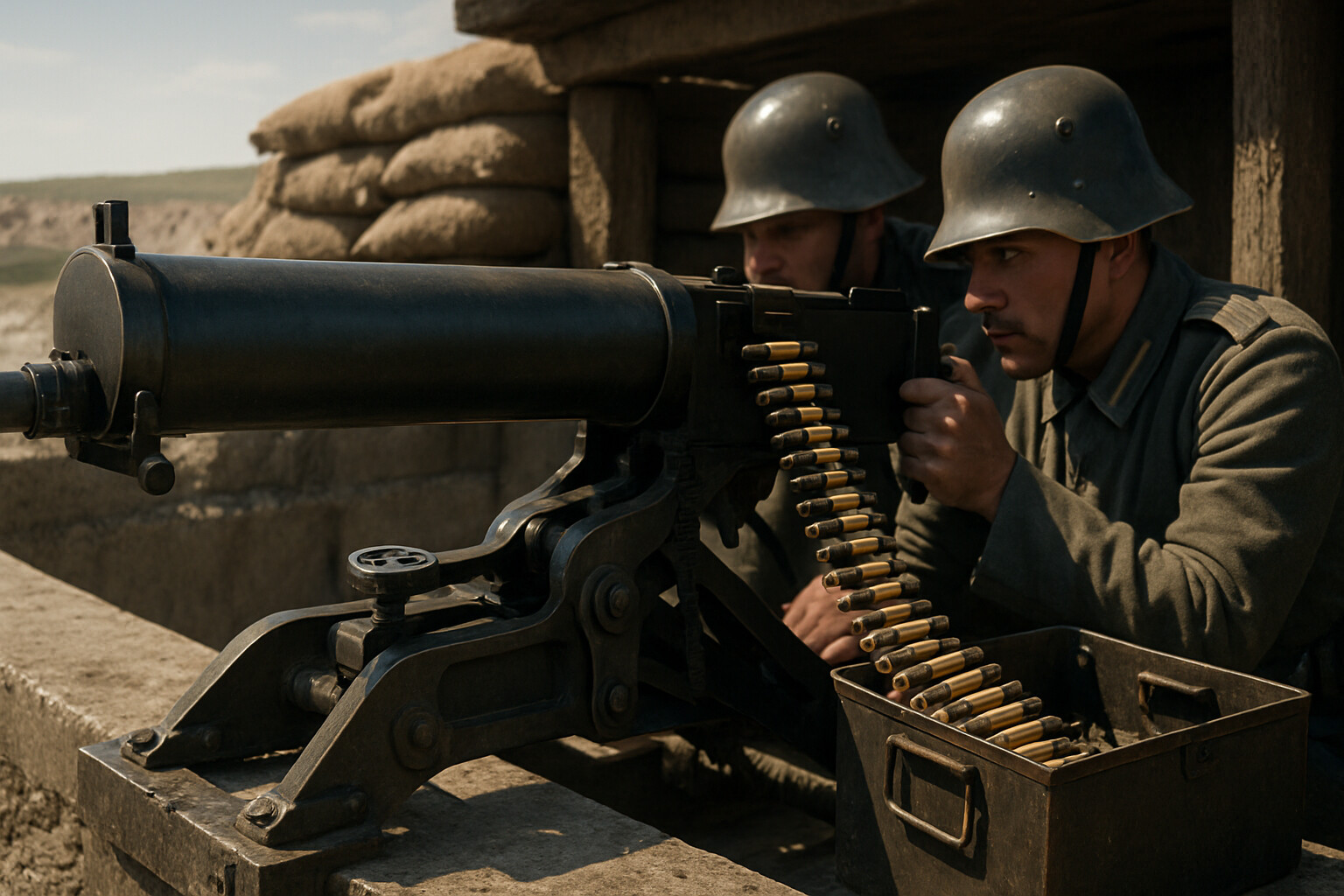 Equipment/weapon breakdown panel: The German MG 08 machine gun in its fighting position on the Somme—the weapon that dominated the first day.