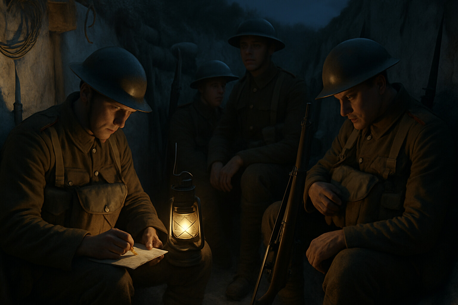 Intimate human scene: Soldiers of the 1st Newfoundland Regiment preparing to attack at Beaumont-Hamel, hours before zero hour—their last quiet moment before the assault.