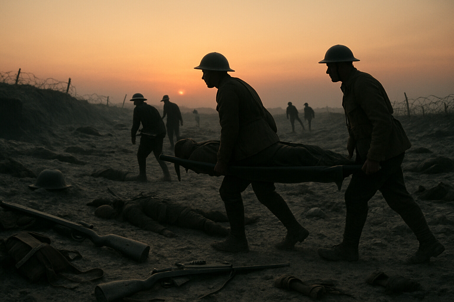 Aftermath/record scene: The cost of 1 July—stretcher-bearers carrying wounded across No Man's Land at dusk, with the scale of the losses made visible in the landscape.