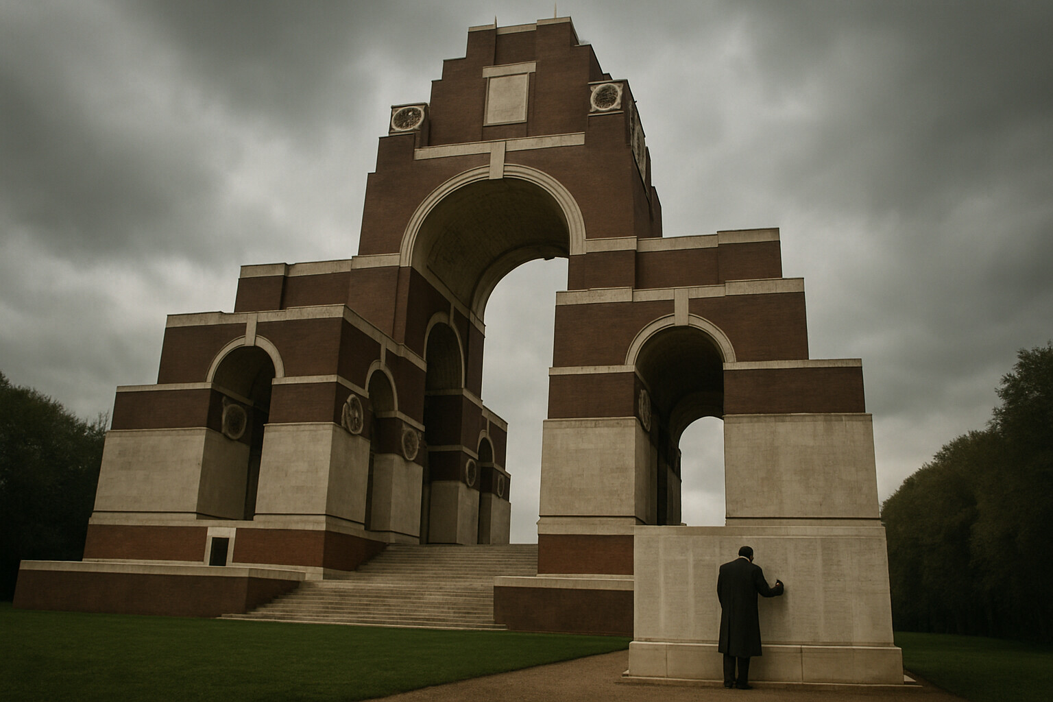 Source/record scene: The Thiepval Memorial to the Missing, with its Portland stone piers bearing thousands of names—the physical record of those who have no known grave.