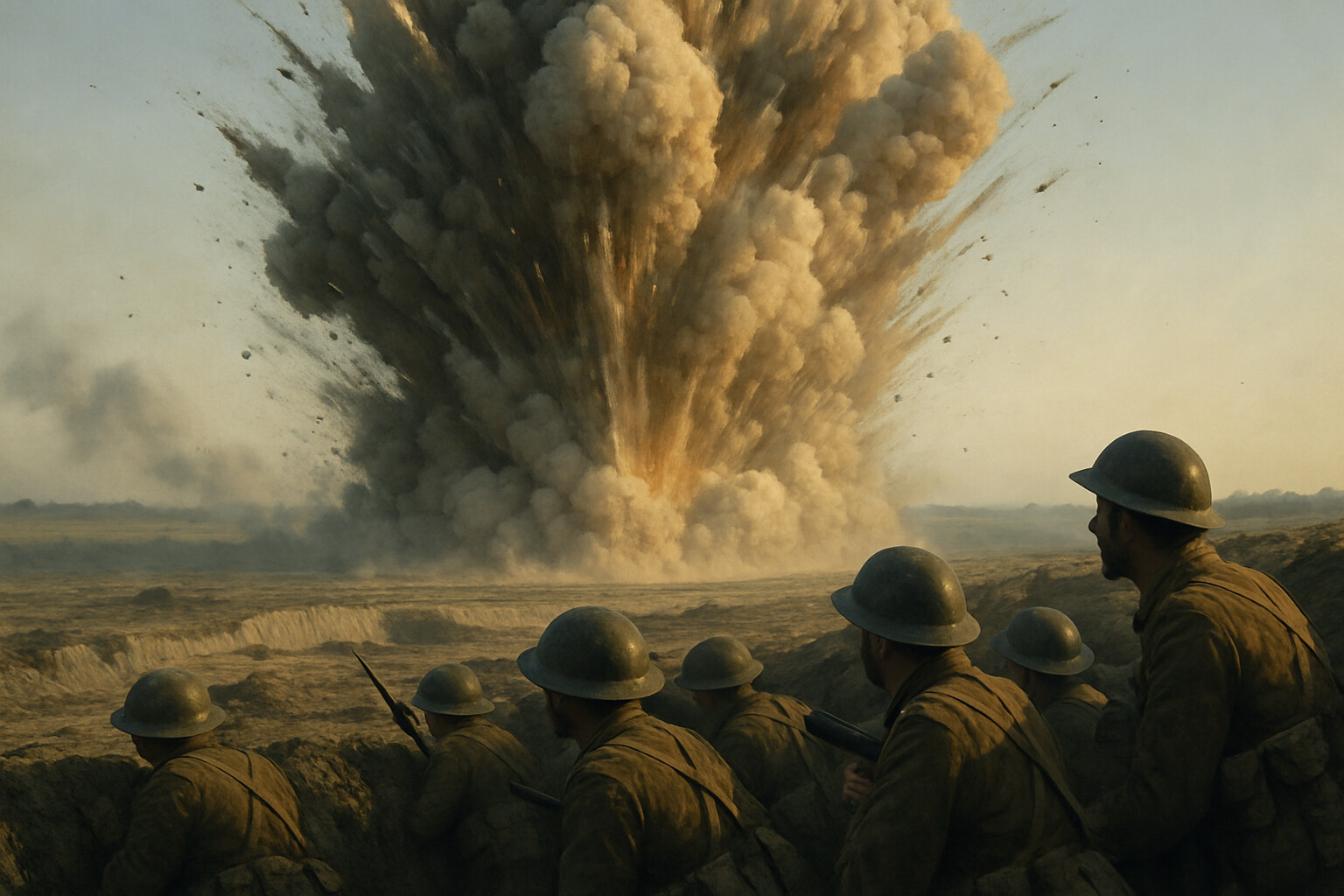 Story-specific visual: The Lochnagar mine detonation at 7:28 a.m., 1 July 1916—the massive explosion beneath La Boisselle seconds before zero hour, witnessed by thousands of men on both sides.