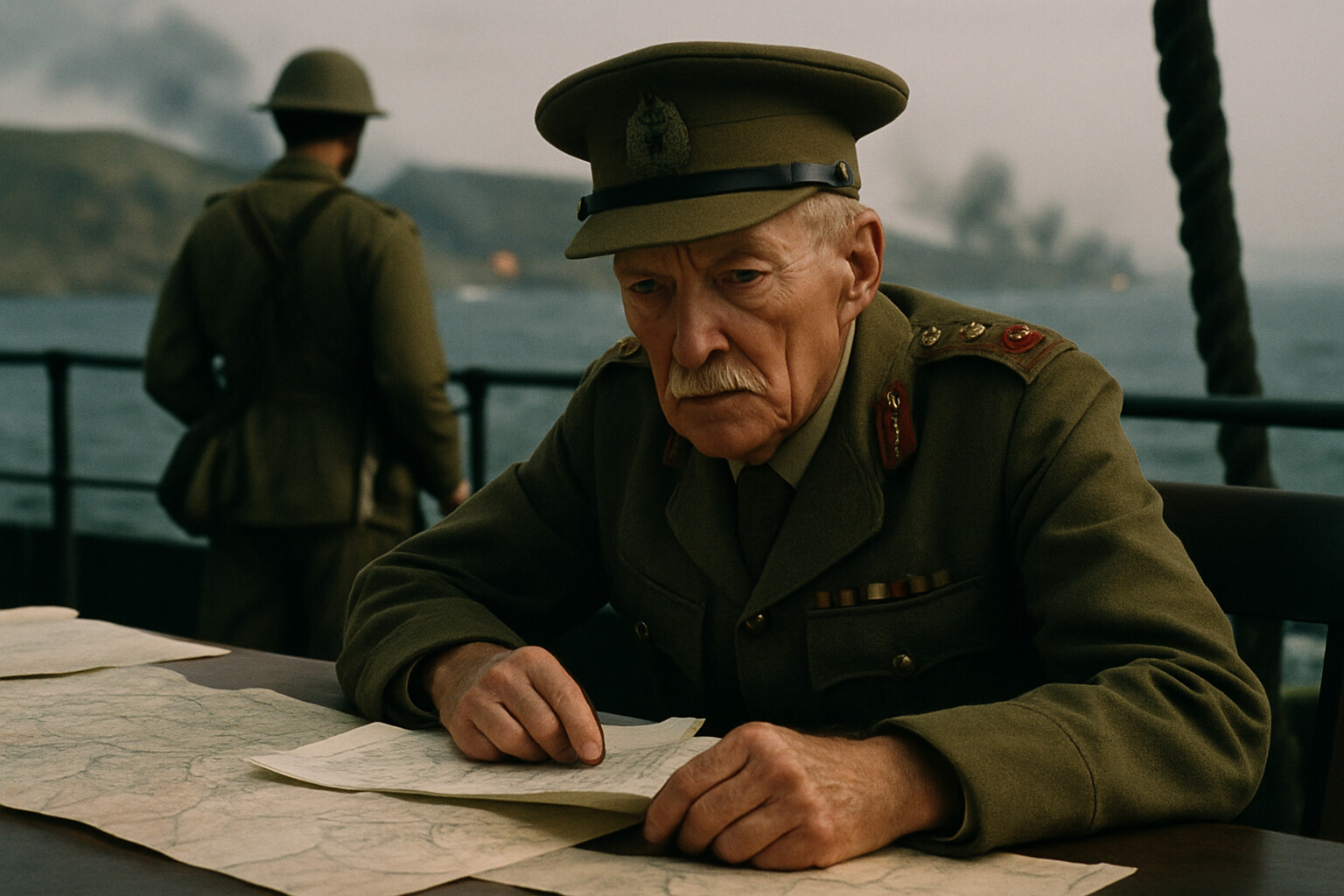 General Sir Ian Hamilton aboard the command ship HMS Arcadian, offshore, waiting for fragmentary reports. An officer at his command table surrounded by incomplete maps, signal papers, and the distant sound of gunfire.