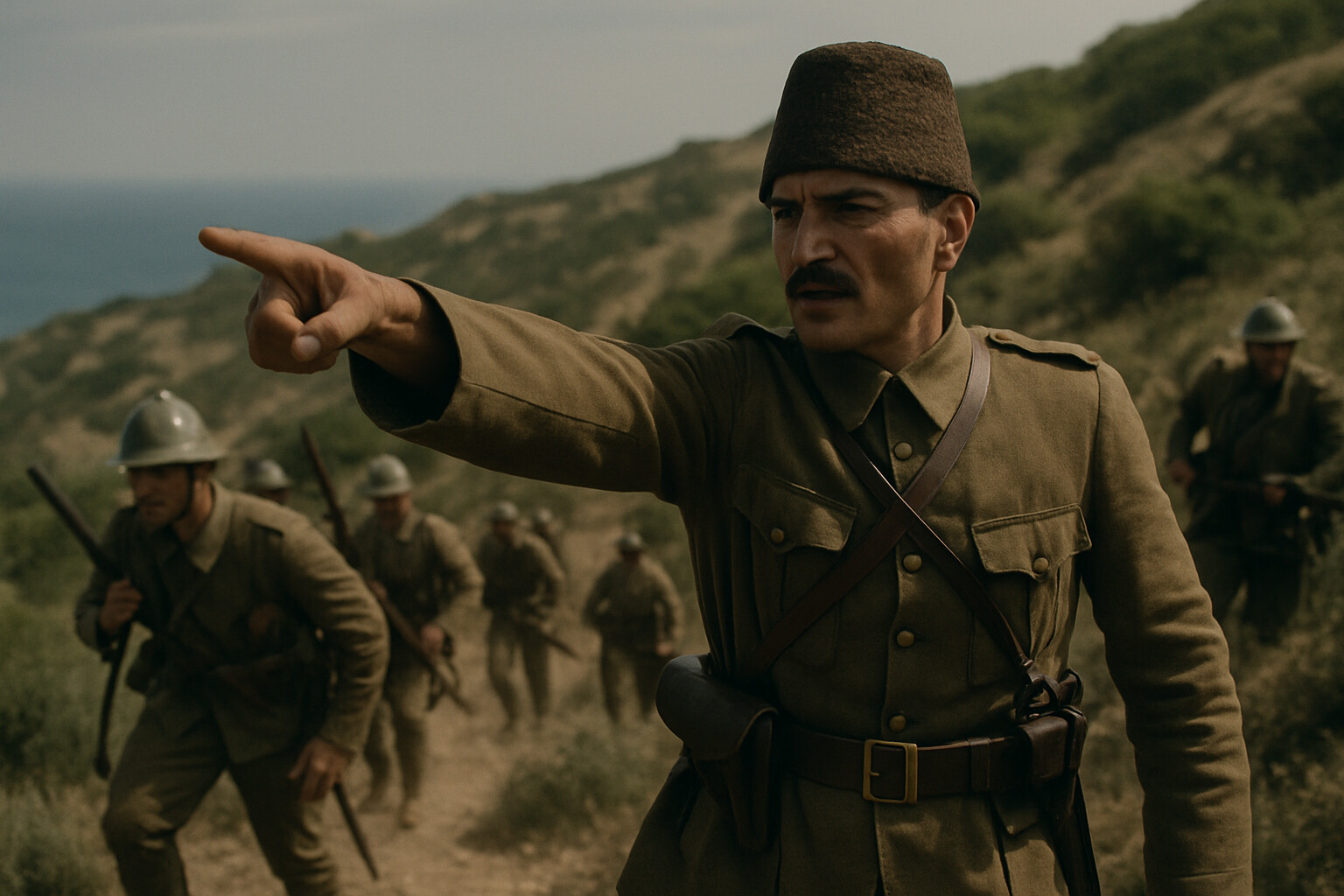 Mustafa Kemal on the Sari Bair ridge, directing his regiment forward on the morning of 25 April — the decisive tactical moment that contained the ANZAC advance