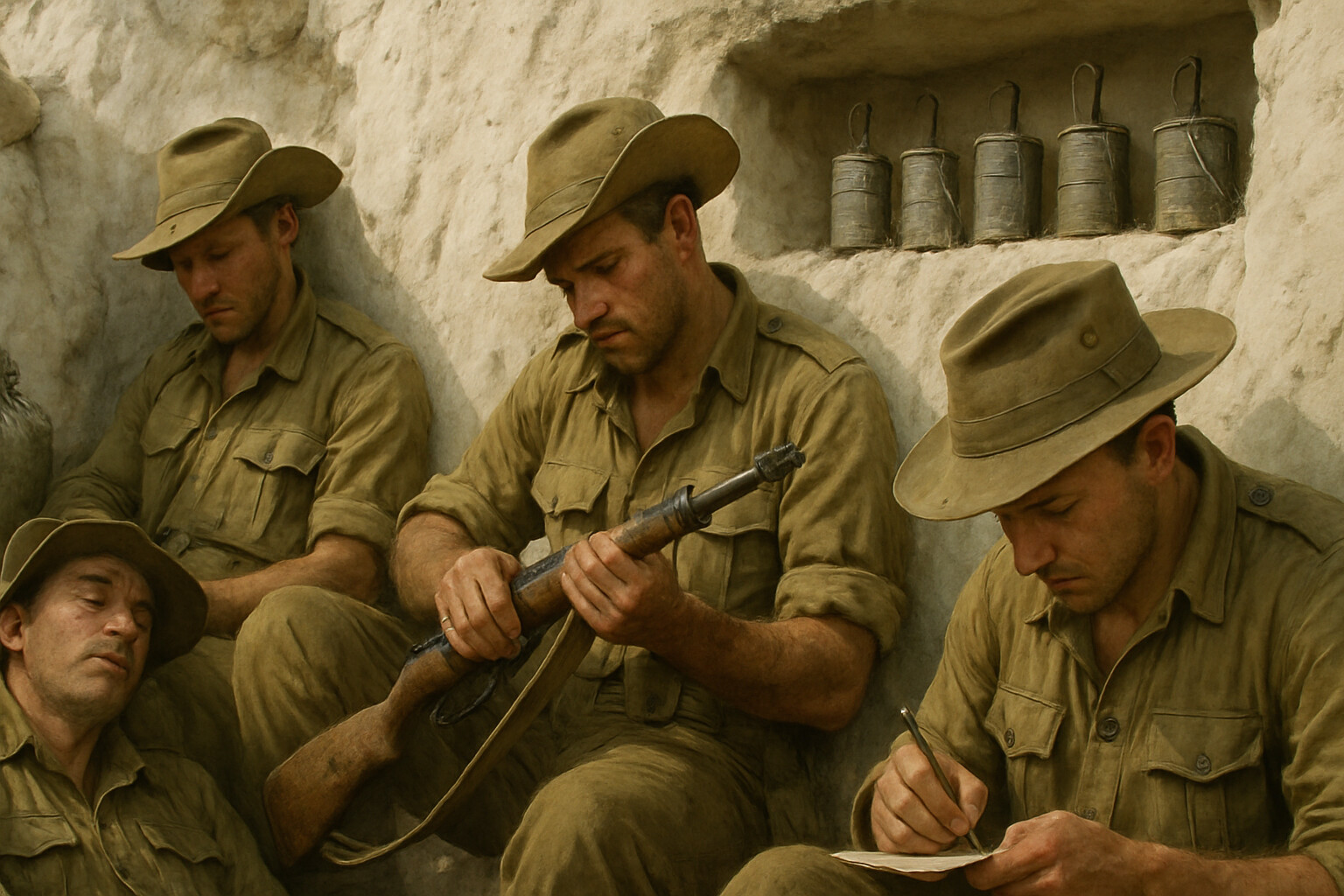 Close human scene: ANZAC soldiers in a narrow Gallipoli trench during the summer stalemate, mid-1915. Exhausted men in the cramped dugouts carved into white chalk, with equipment, water canteens, and improvised jam-tin grenades visible
