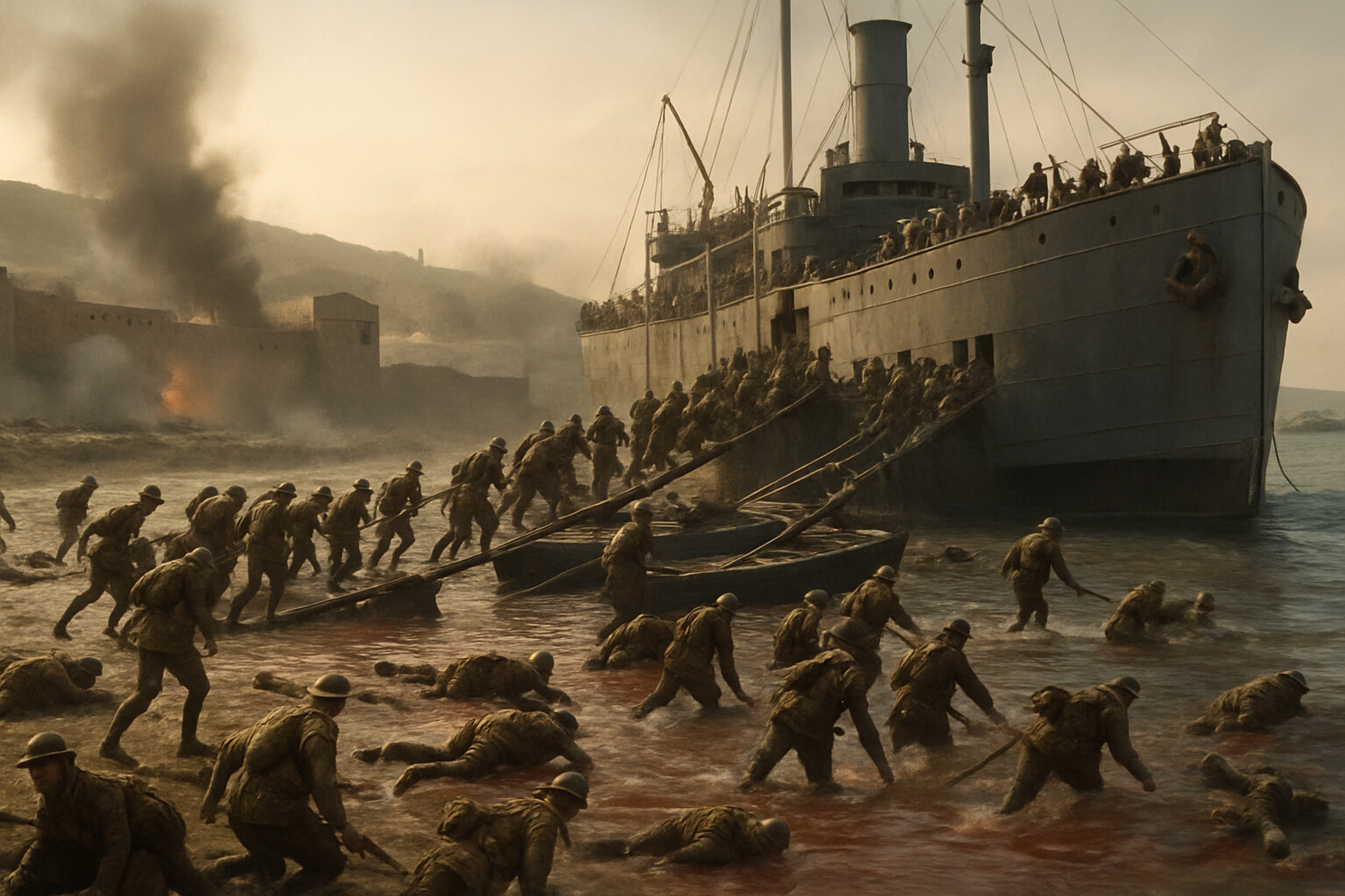 The assault on V Beach from the SS River Clyde: the converted collier run aground near Sedd-el-Bahr, with men attempting to cross the gangways under intense fire — one of the campaign's most documented catastrophes