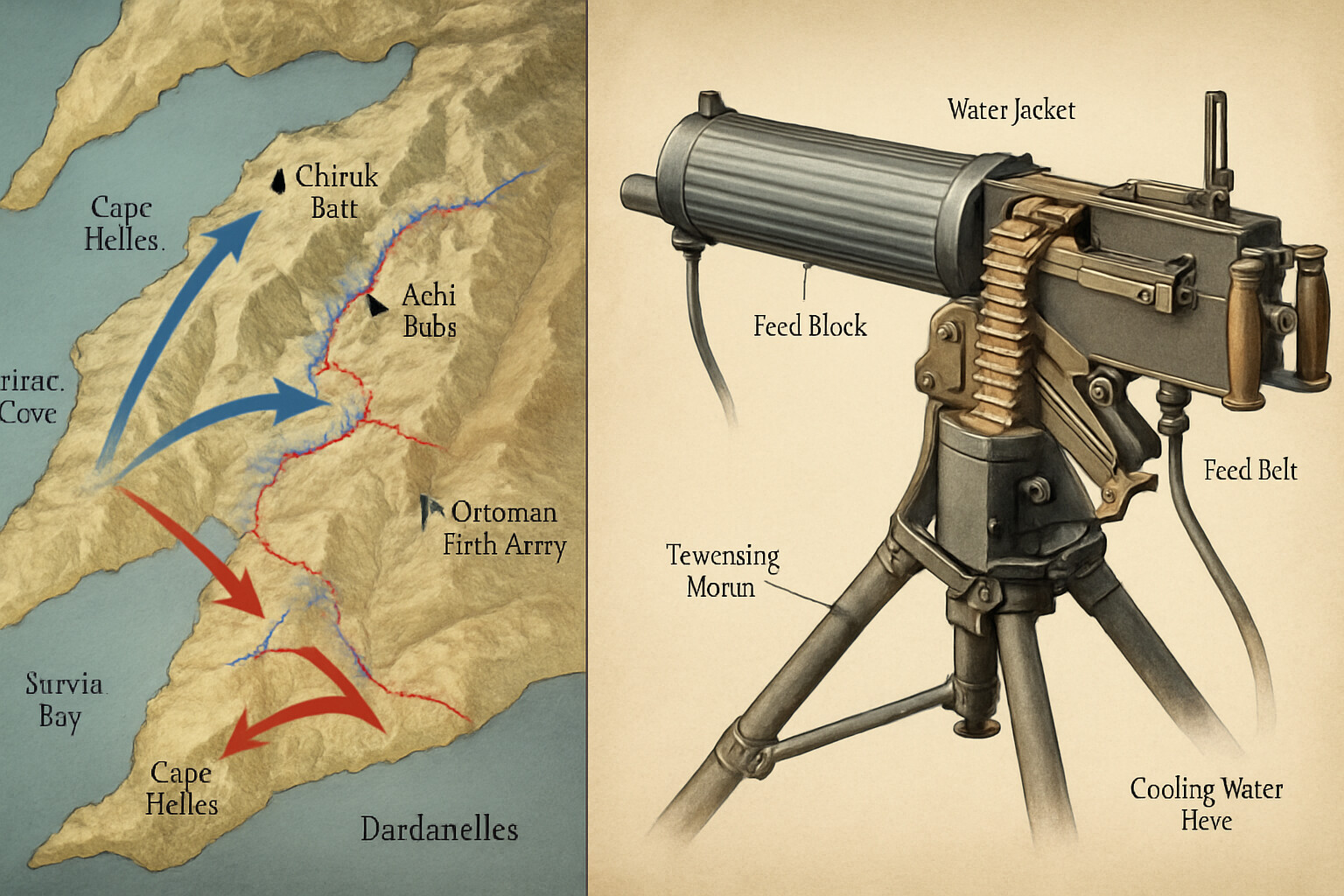 Tactical diagram / visual: split-panel showing the Gallipoli Peninsula geography — the main landing zones, the key ridge objectives, and the stalemate front lines — alongside a cutaway detail of the Vickers machine gun's water-cooled mechanism