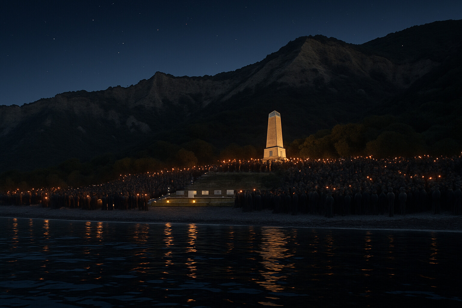 The aftermath and legacy: the dawn ANZAC Day ceremony at Anzac Cove in the present era, viewed from the water looking toward the memorial site on the cliffs — the geography unchanged, the memory enduring