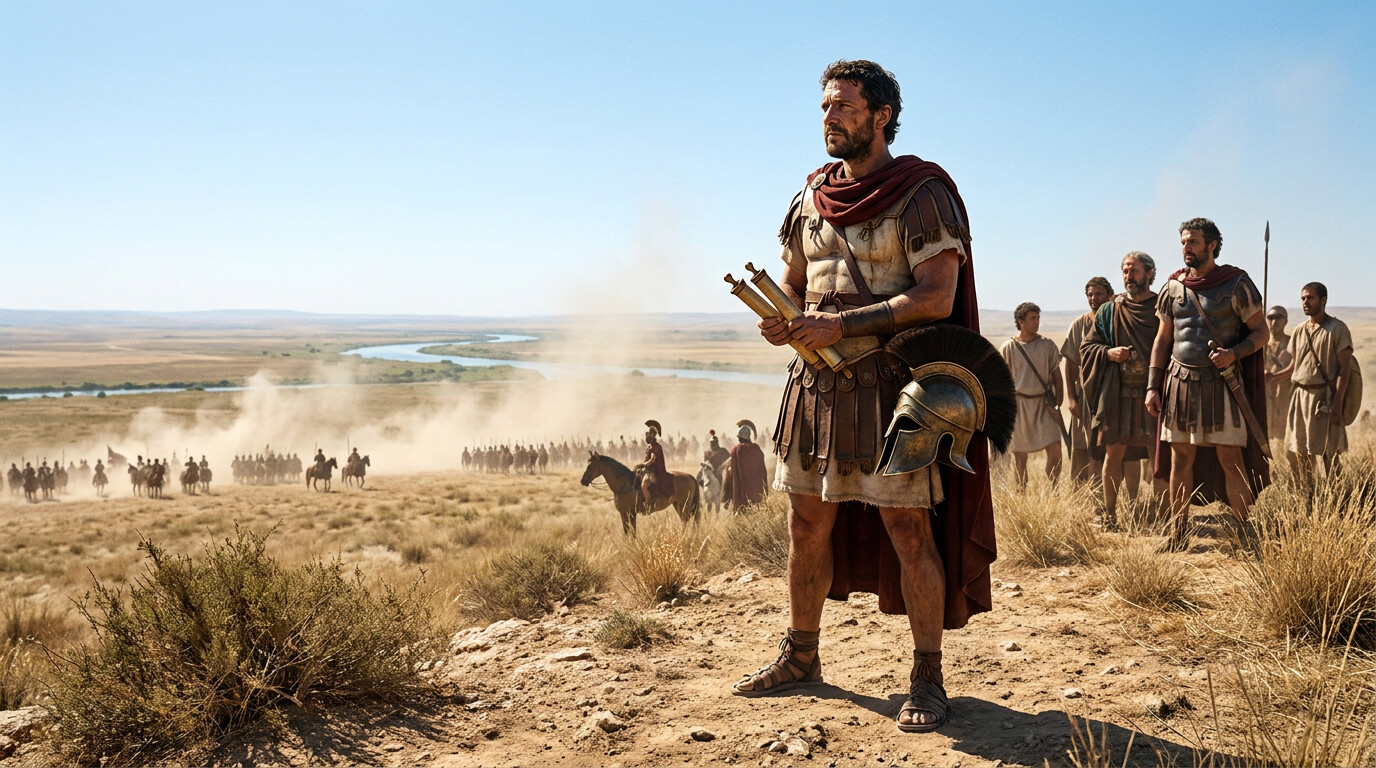Portrait of Hannibal Barca, commanding general of the Carthaginian army, surveying the battlefield from slightly elevated ground before or during the engagement. He is a man of approximately thirty, North African, commanding in bearing, in the field equipment of a senior Carthaginian officer of the period. No hagiographic glow—a working general reading the ground.