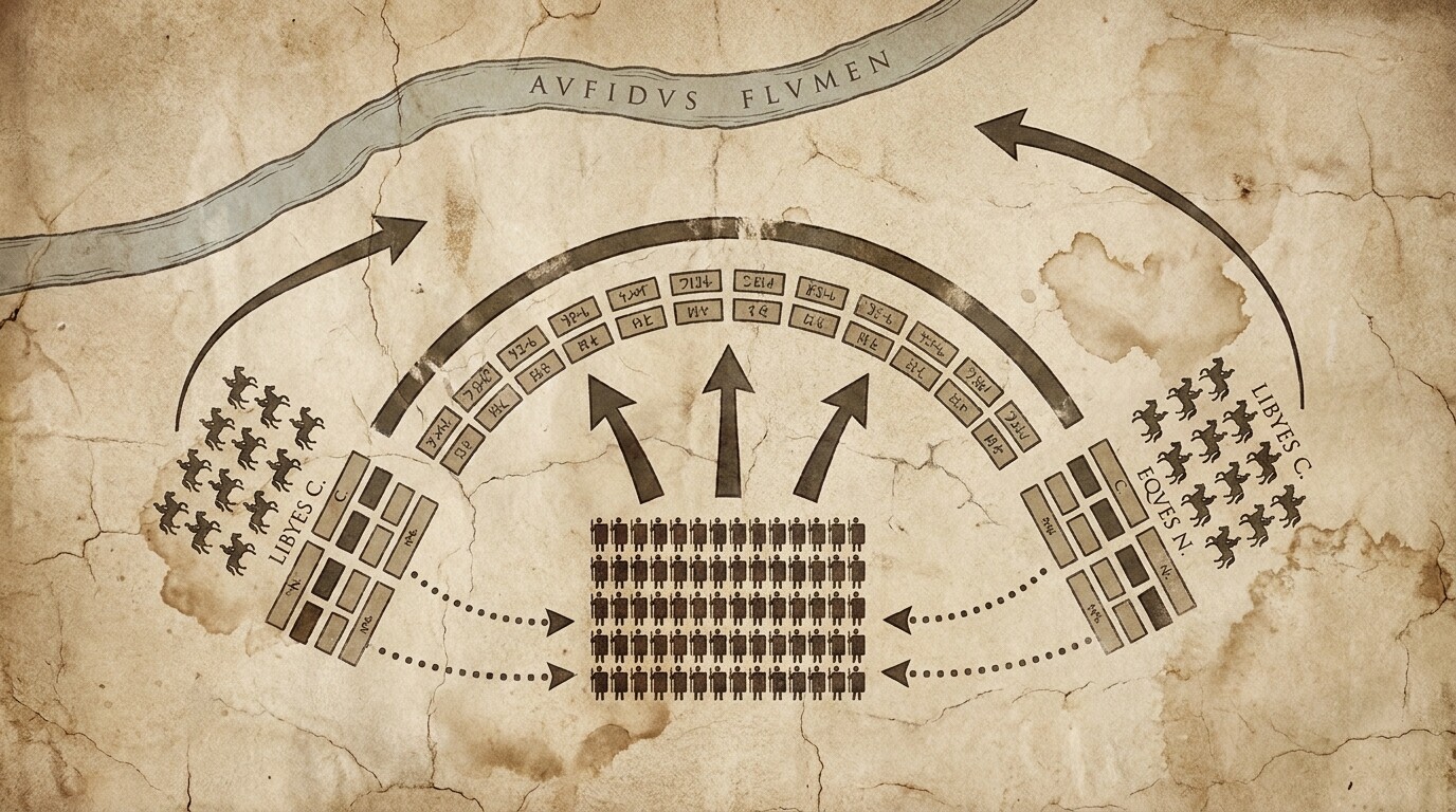 Tactical diagram visual: a bird's-eye schematic of the Battle of Cannae showing the arc formation, the Roman advance, the cavalry sweep, and the closing encirclement. Rendered as a stylized ancient map or period document.