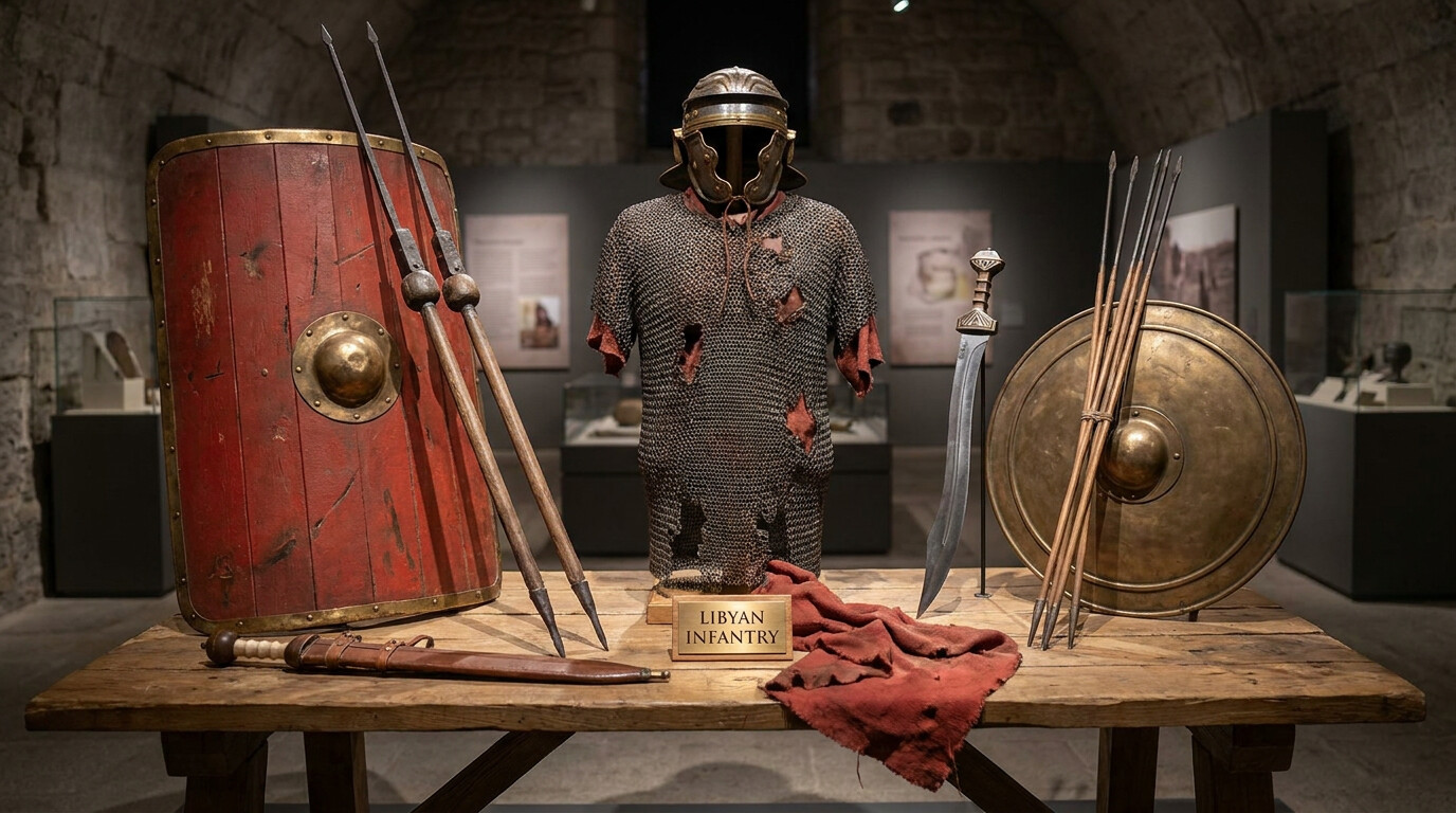 Equipment breakdown: a museum-style display of the weapons carried by soldiers on both sides at Cannae—Roman pilum, gladius, and scutum on one side; Iberian falcata, Numidian javelin, and Libyan captured Roman equipment on the other. Rendered as a detailed historical artifact study.