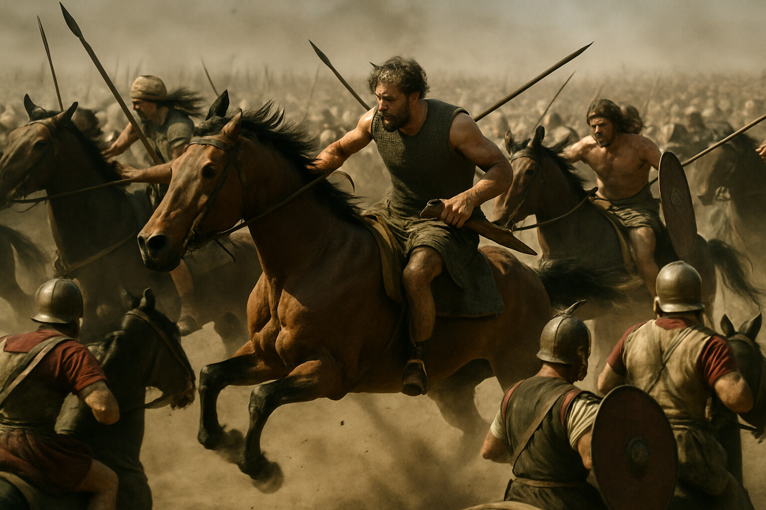 Hasdrubal's cavalry sweep: the moment the Iberian and Gallic heavy cavalry wheel around the Roman rear and crash into the rear of the Italian allied cavalry, who are already engaged with the Numidians at the front. Thundering horses, raised javelins, the collision of forces.