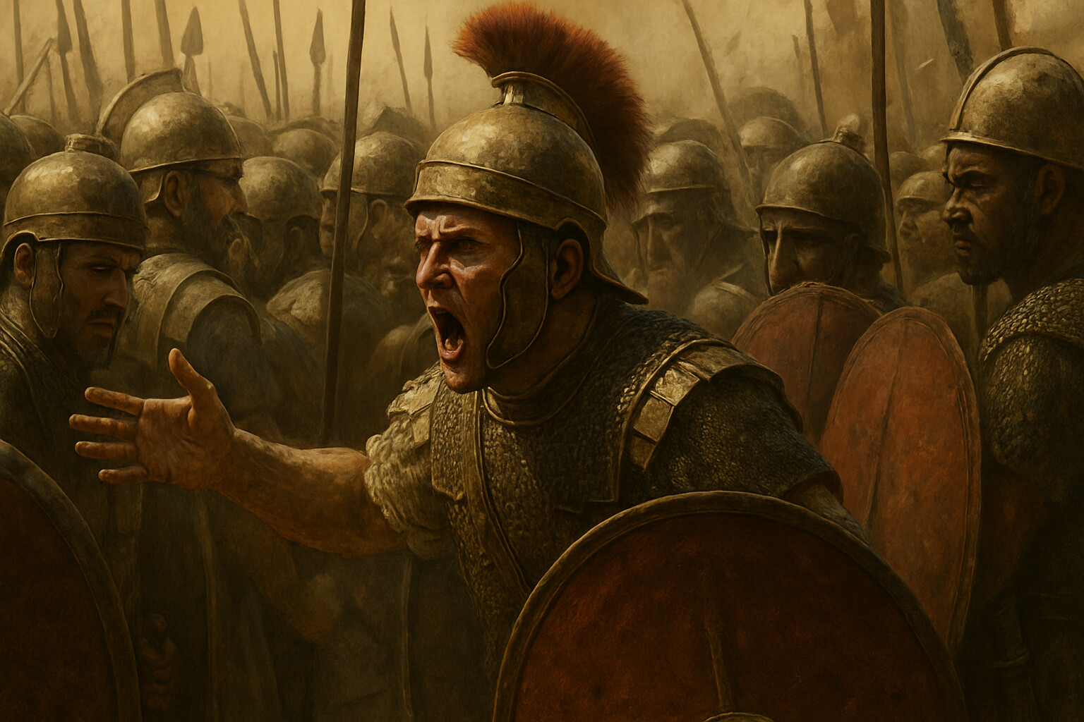 Intimate human scene: a Roman officer—a tribune or senior centurion—in the outer ring of the surrounded Roman formation, attempting to shout orders to men who cannot hear him or cannot move. The helplessness of command inside a closing envelopment.