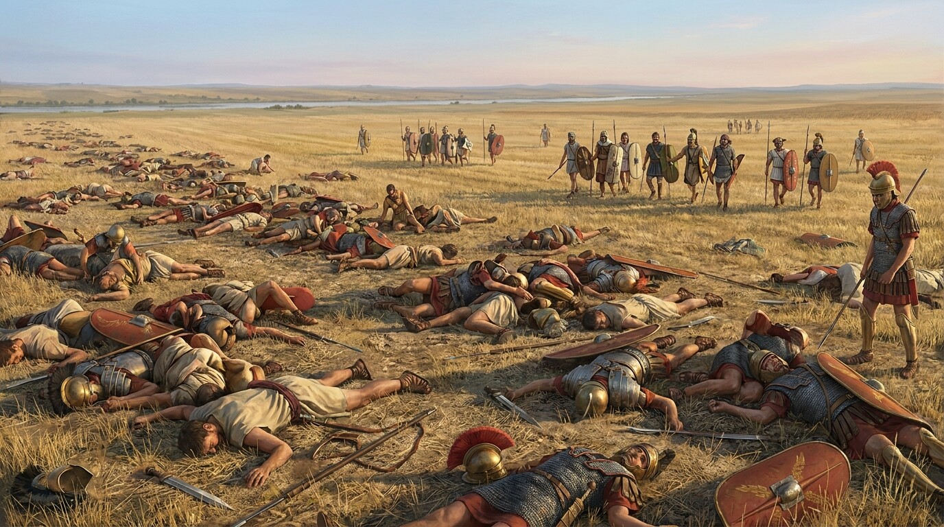 Aftermath: the battlefield of Cannae in the late afternoon following the battle's conclusion. Bodies of Roman soldiers covering the flat plain, stripped of armor. Distant figures of Carthaginian soldiers moving through the field. The Aufidus River visible in the background. The scale of the dead made concrete and dignified, not exploitative.