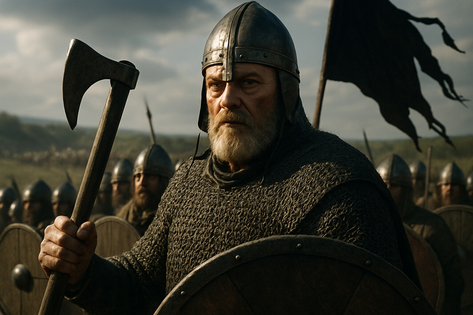 Portrait of Harald Hardrada in the moments before battle: a large, older man in ring-mail and nasal helmet, axe in hand, his banner raised behind him. His face is experienced, controlled, set — not panicked but aware the situation has turned against him.