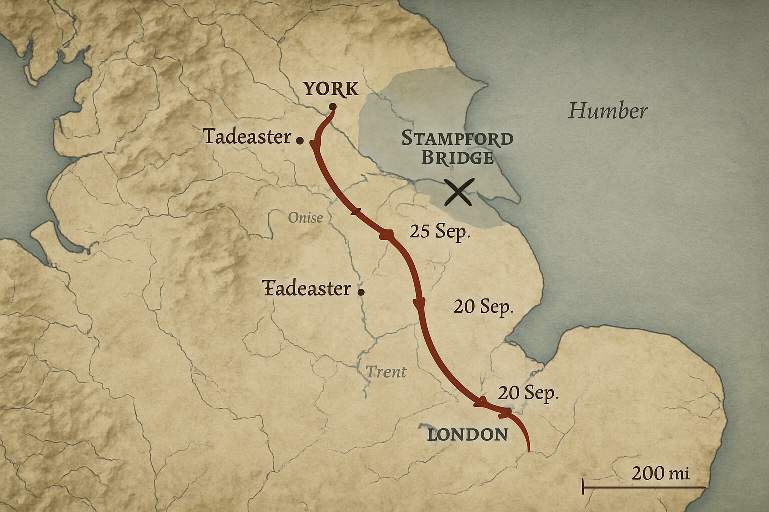 Map and movement panel: Harold Godwinson's forced march from London to Stamford Bridge, showing the route north, the distance, and the speed. Annotated with key stops and dates.