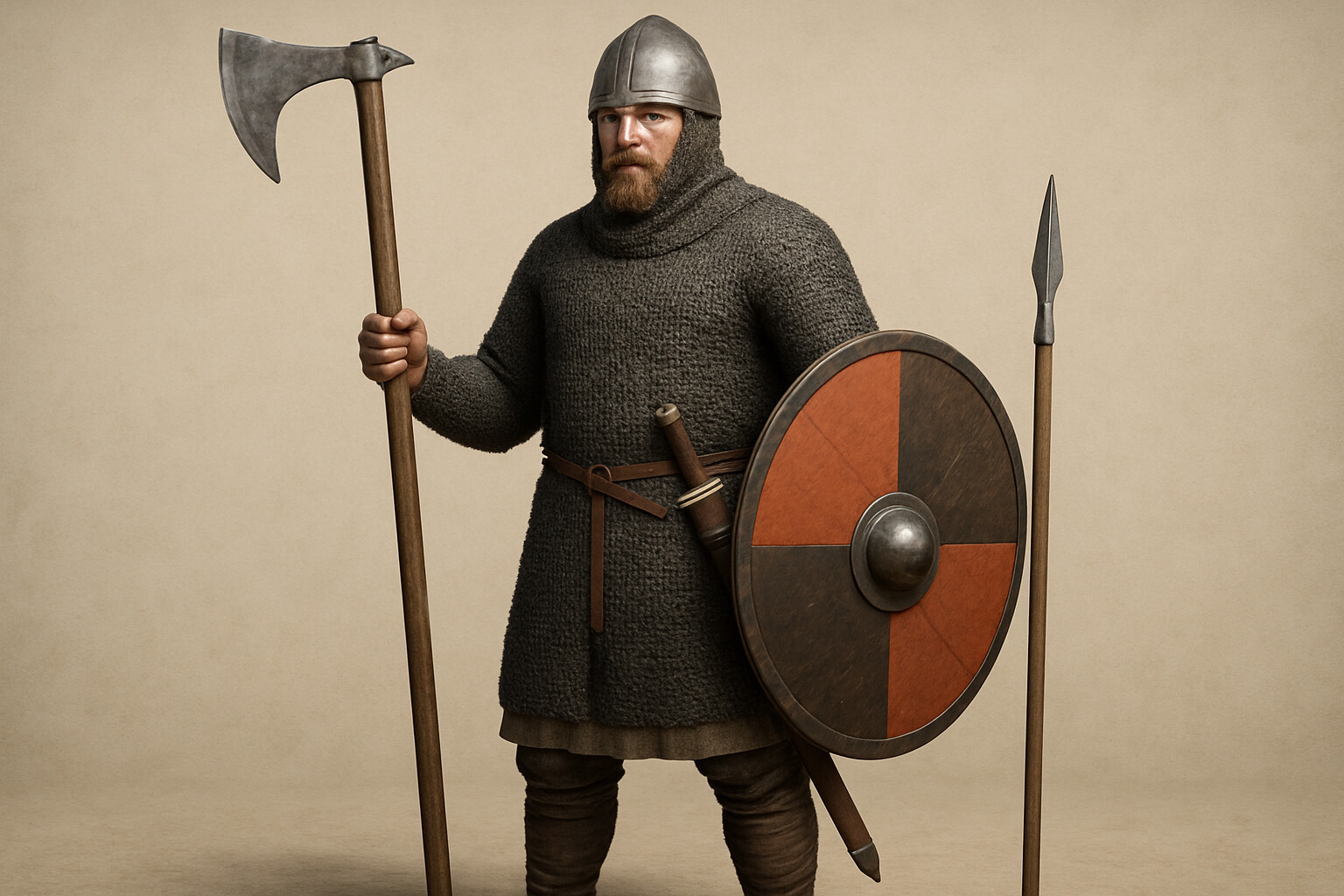 Equipment breakdown panel: a detailed visual of the key weapons and armor of a Norse warrior in 1066 — Dane axe, round shield, ring-mail hauberk, nasal helmet, spear — laid out or worn by a standing figure with annotations indicating each element.