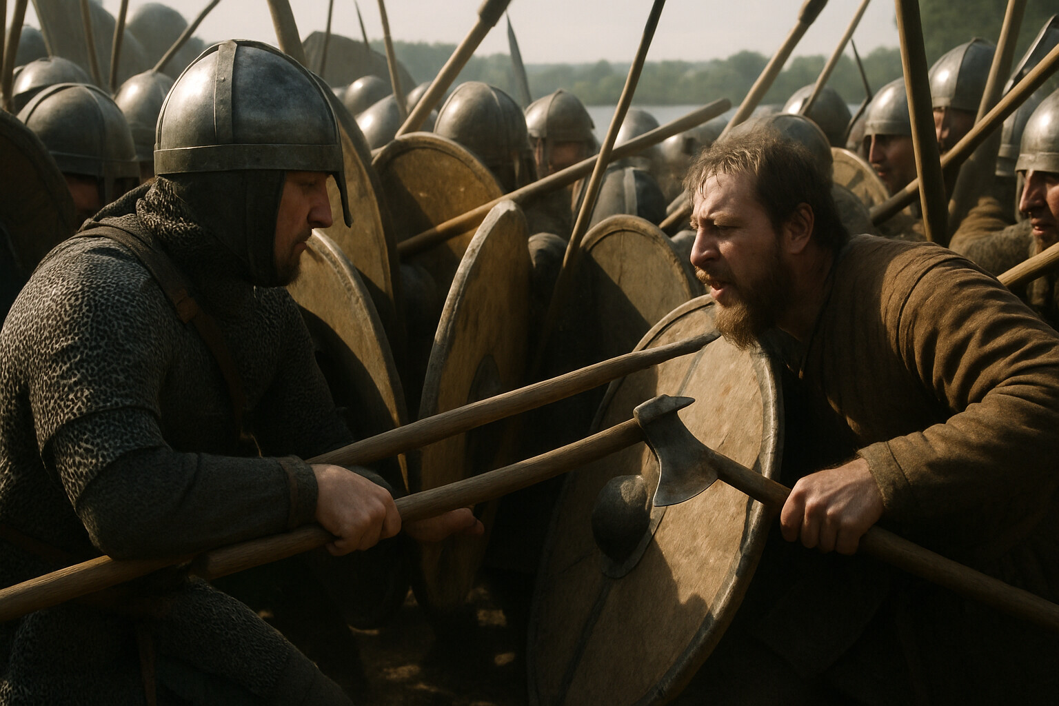 The shield wall collision: the brutal close-quarters fighting at Stamford Bridge, English huscarls pressing the Norse line on the east bank of the Derwent. Tight formation, shields locked, axes and spears working at close range.
