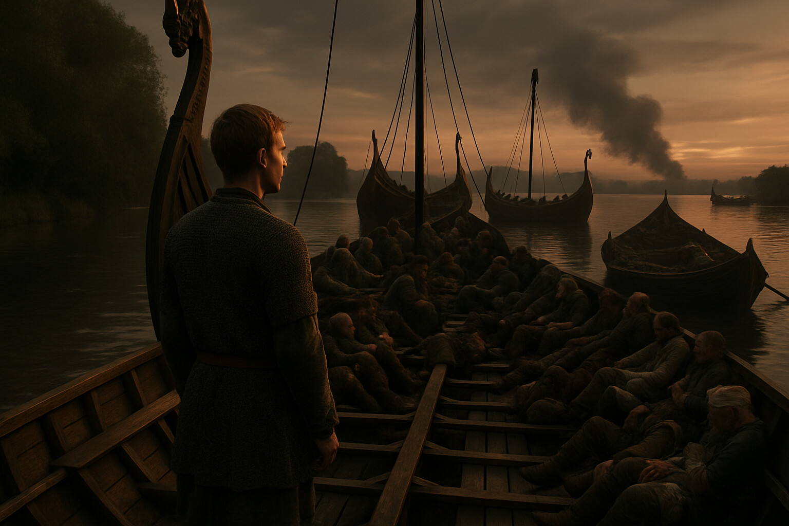 The intimate human scene: Norse survivors on the ships at Riccall after the battle — exhausted, wounded, diminished. Olaf Haraldsson among them, looking back toward the horizon where the smoke from the battlefield is visible. The scale of what has been lost made visible through absence — too many empty rowing benches.
