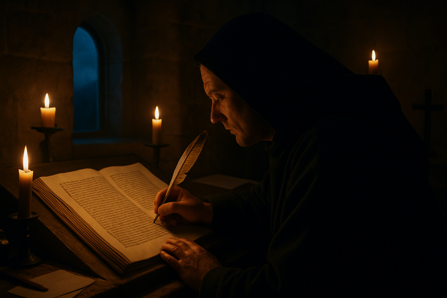 Legacy and source panel: a medieval scriptorium scene showing a monk writing in an illuminated manuscript, with the text of the Anglo-Saxon Chronicle visible — capturing the moment of historical record-keeping that preserved the account of Stamford Bridge for a thousand years.