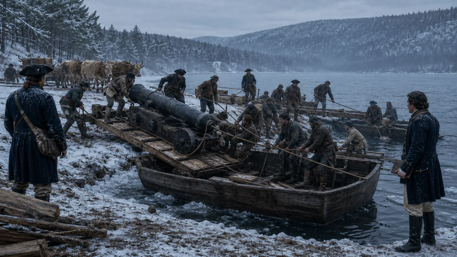 Knox men loading heavy cannon onto flat-bottom scows at Lake George