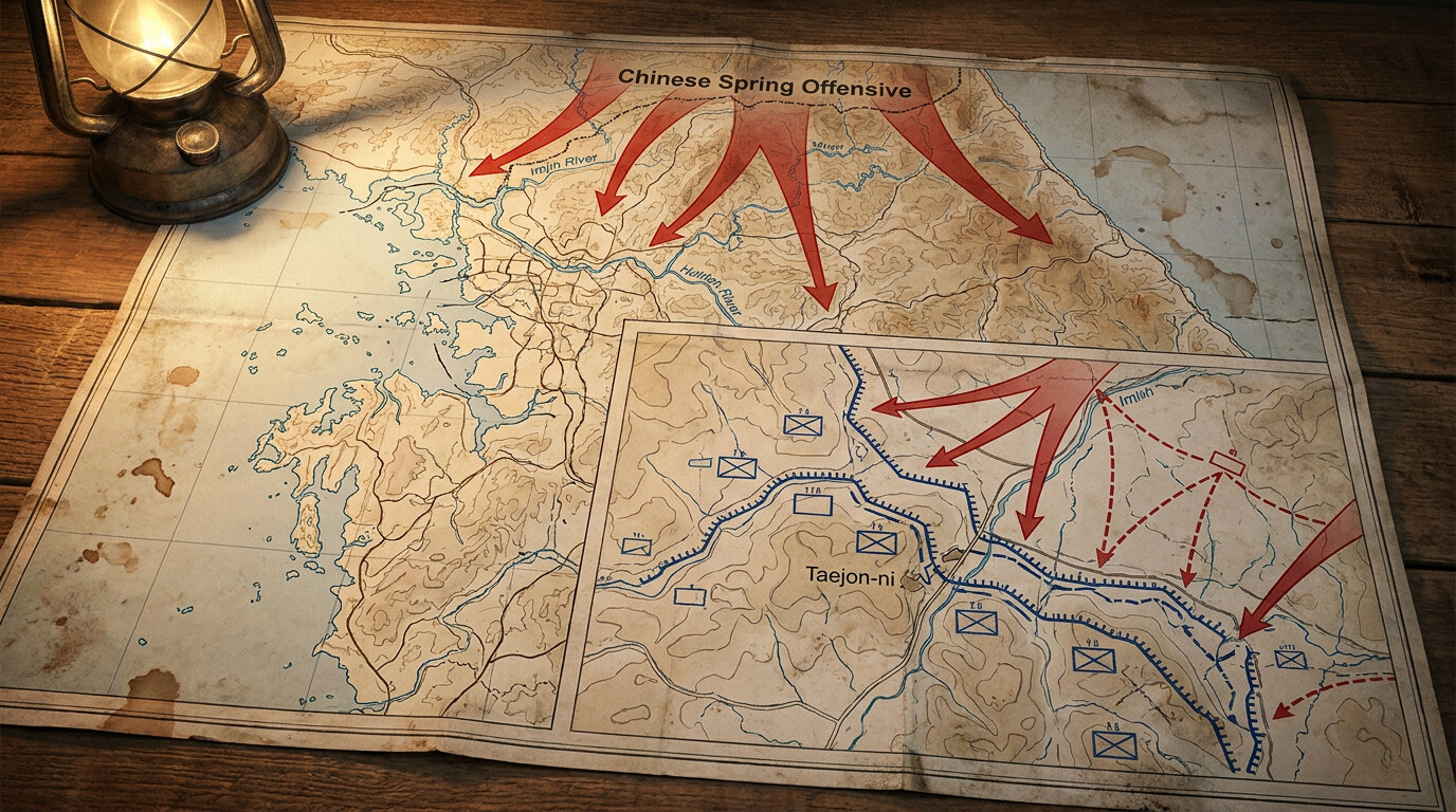 Tactical map showing the Chinese Spring Offensive and the 7th Infantry Regiment's positions near Taejon-ni
