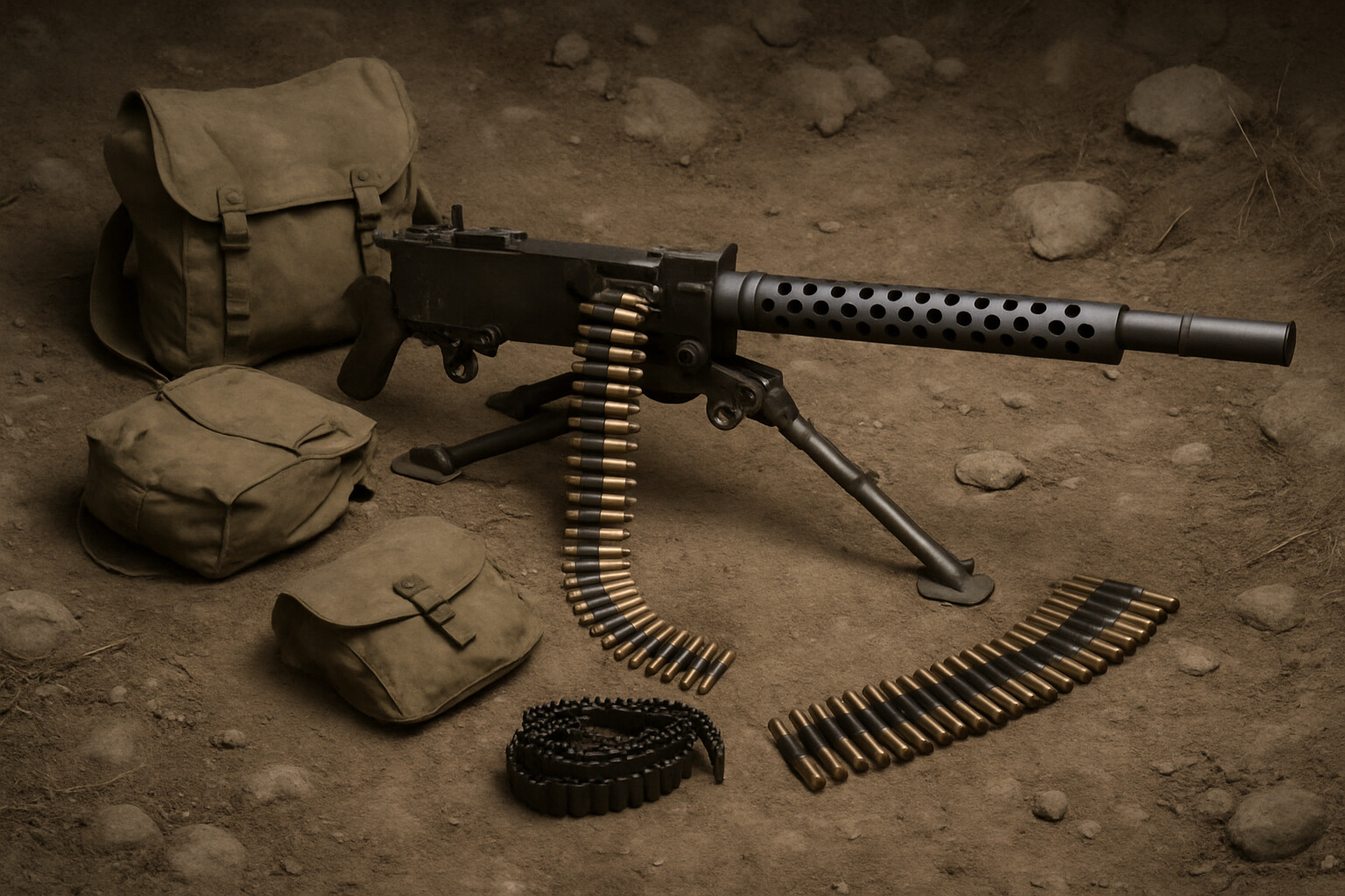 A Korean War M1919A6 machine gun position with ammunition belts and defensive gear.