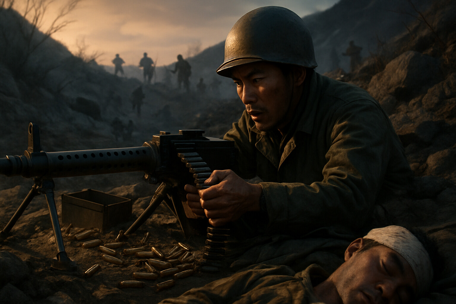 Miyamura's assistant gunner wounded, Miyamura operating the machine gun alone as Chinese forces close in