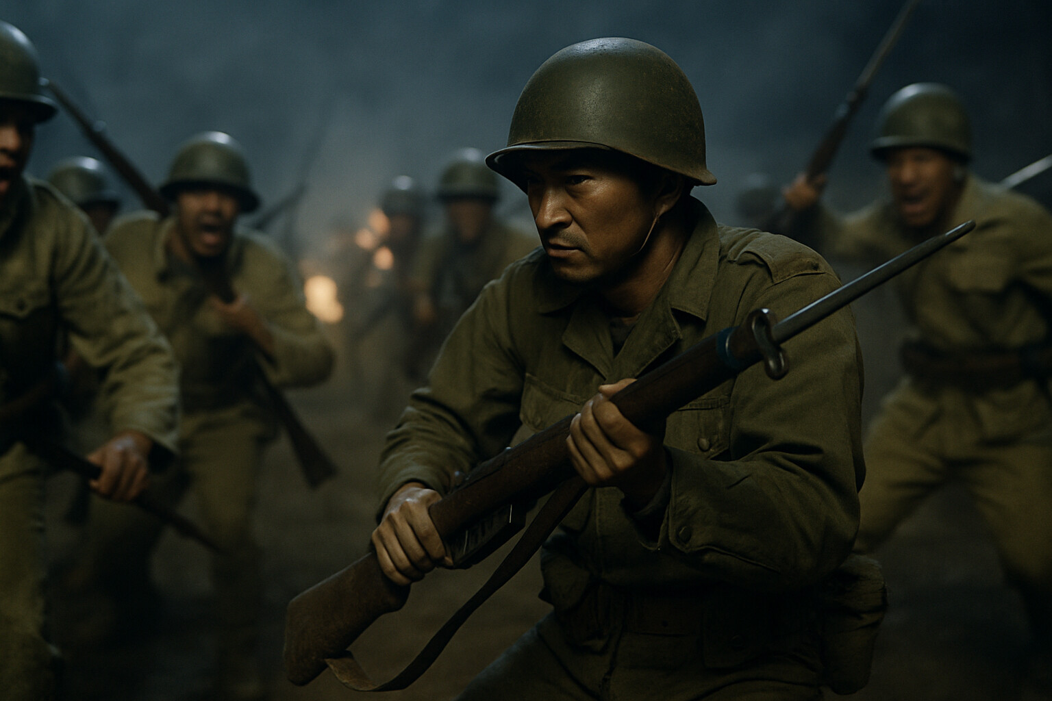 Chinese forces overrunning Miyamura's position as he makes his final stand with rifle and bayonet