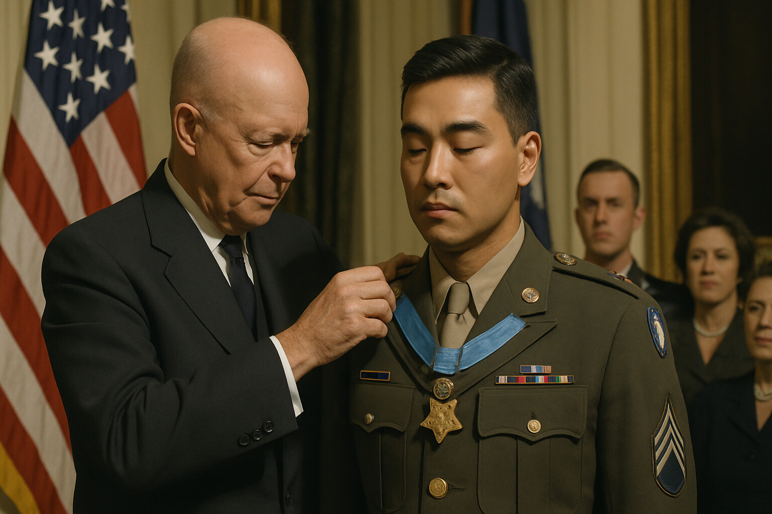 President Eisenhower presenting the Medal of Honor to Miyamura at the White House ceremony in October 1953