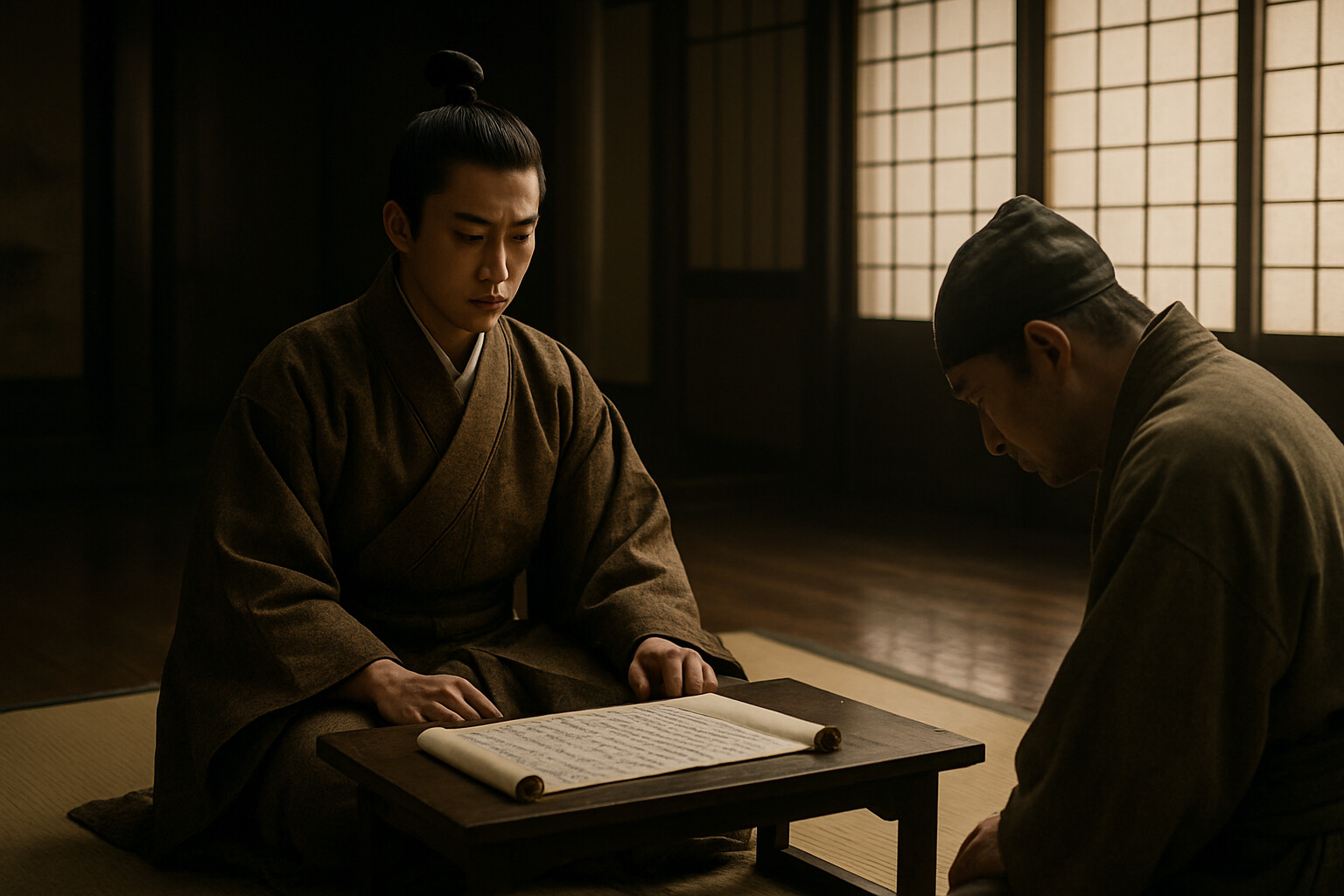 Hojo Tokimune in Kamakura receiving and rejecting Mongol diplomatic messages — the young regent under political pressure.