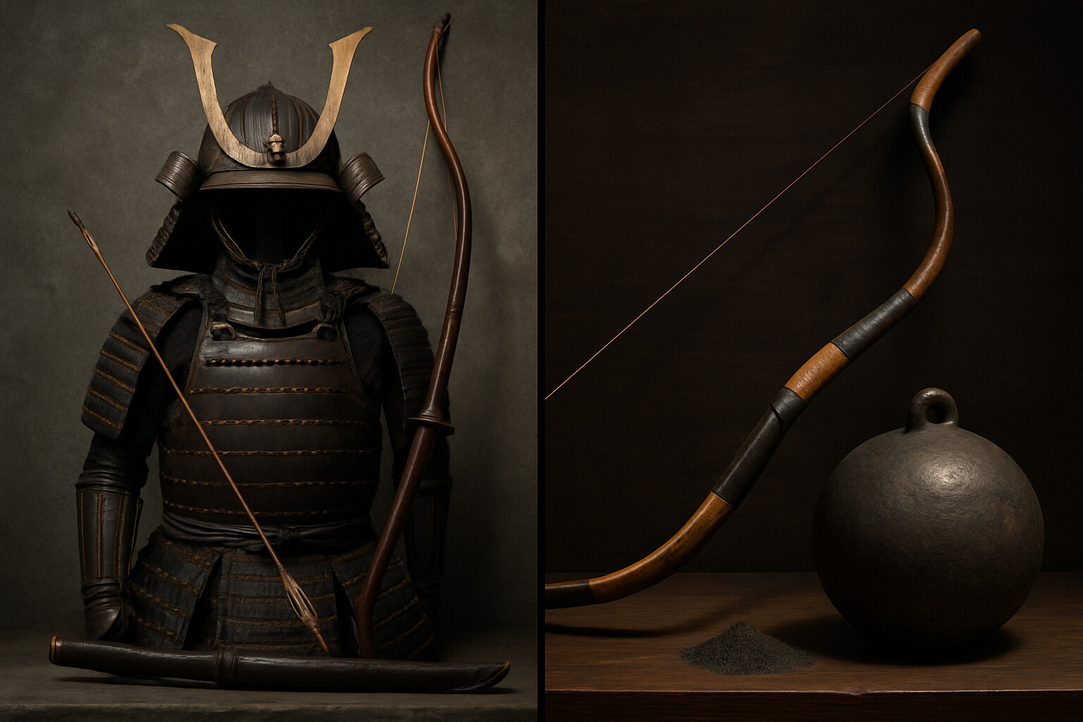 Equipment breakdown panel: Side-by-side visual comparison of Japanese samurai weapons and armor versus Mongol weapons at Hakata Bay — the tetsuhao explosive shell, yumi bow, tachi sword, and Mongol composite bow.