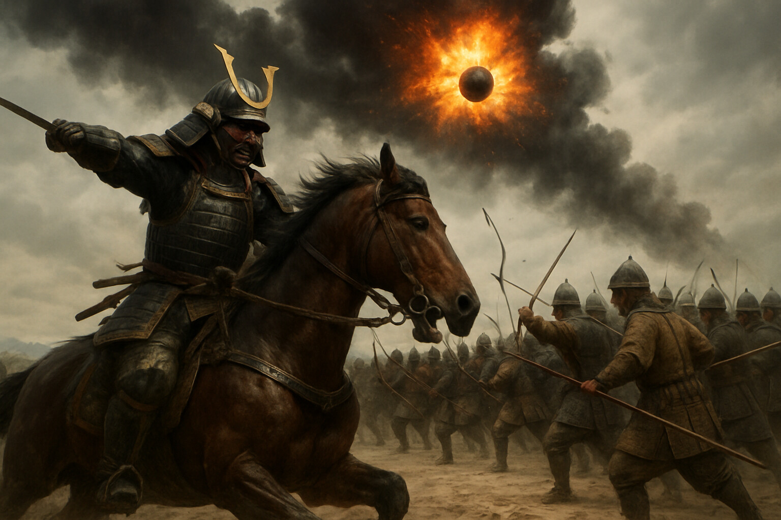 Intense close-combat beach fighting at Hakata Bay, 1274 — samurai on horseback confronting Mongol infantry formations as explosive projectiles burst overhead.
