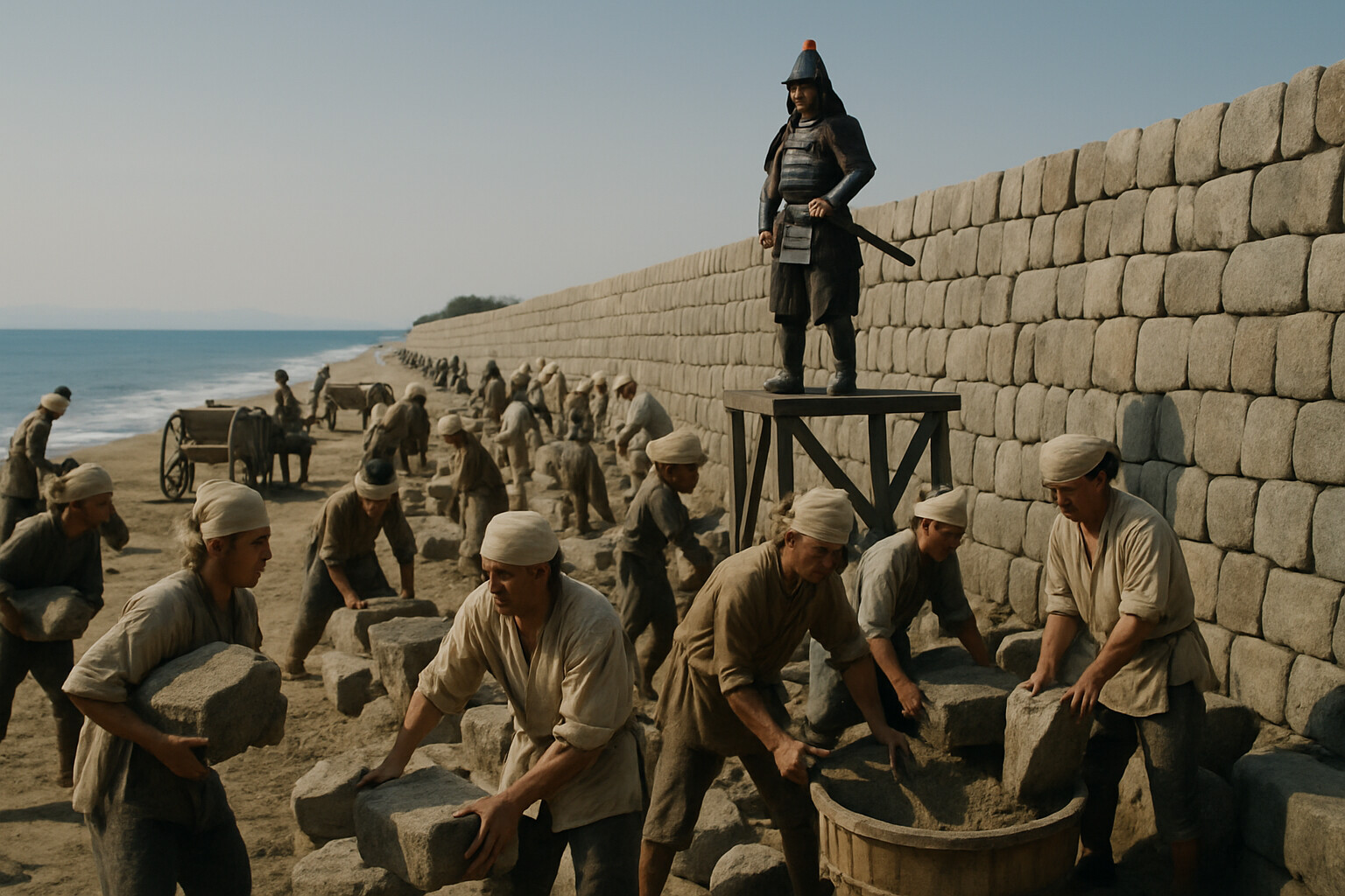 Construction of the Genko Borui — the stone defensive wall along Hakata Bay — Japanese laborers and samurai supervisors building the wall between the two invasions.