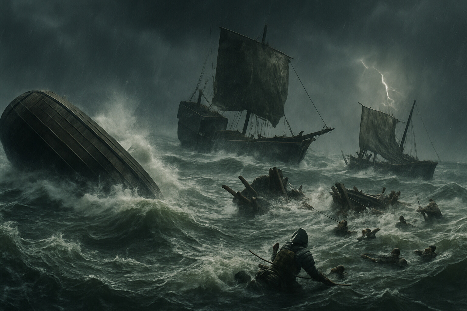 The kamikaze storm destroying the Mongol fleet — typhoon conditions hitting the anchored armada in 1281, ships capsizing and breaking apart.