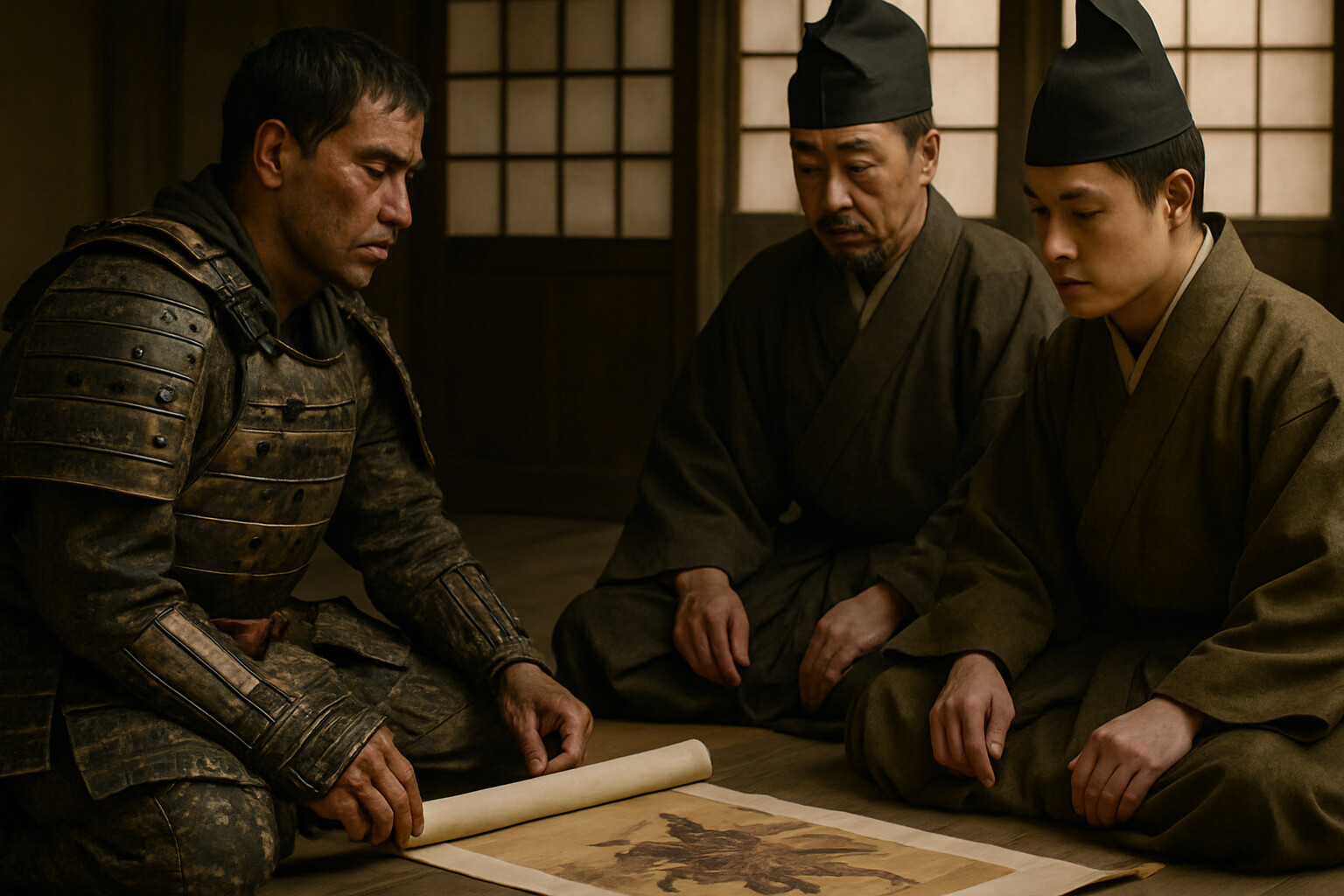 Takezaki Suenaga petitioning in Kamakura — an individual samurai, wounded and decorated with battle damage to his armor, presenting his service record to officials.